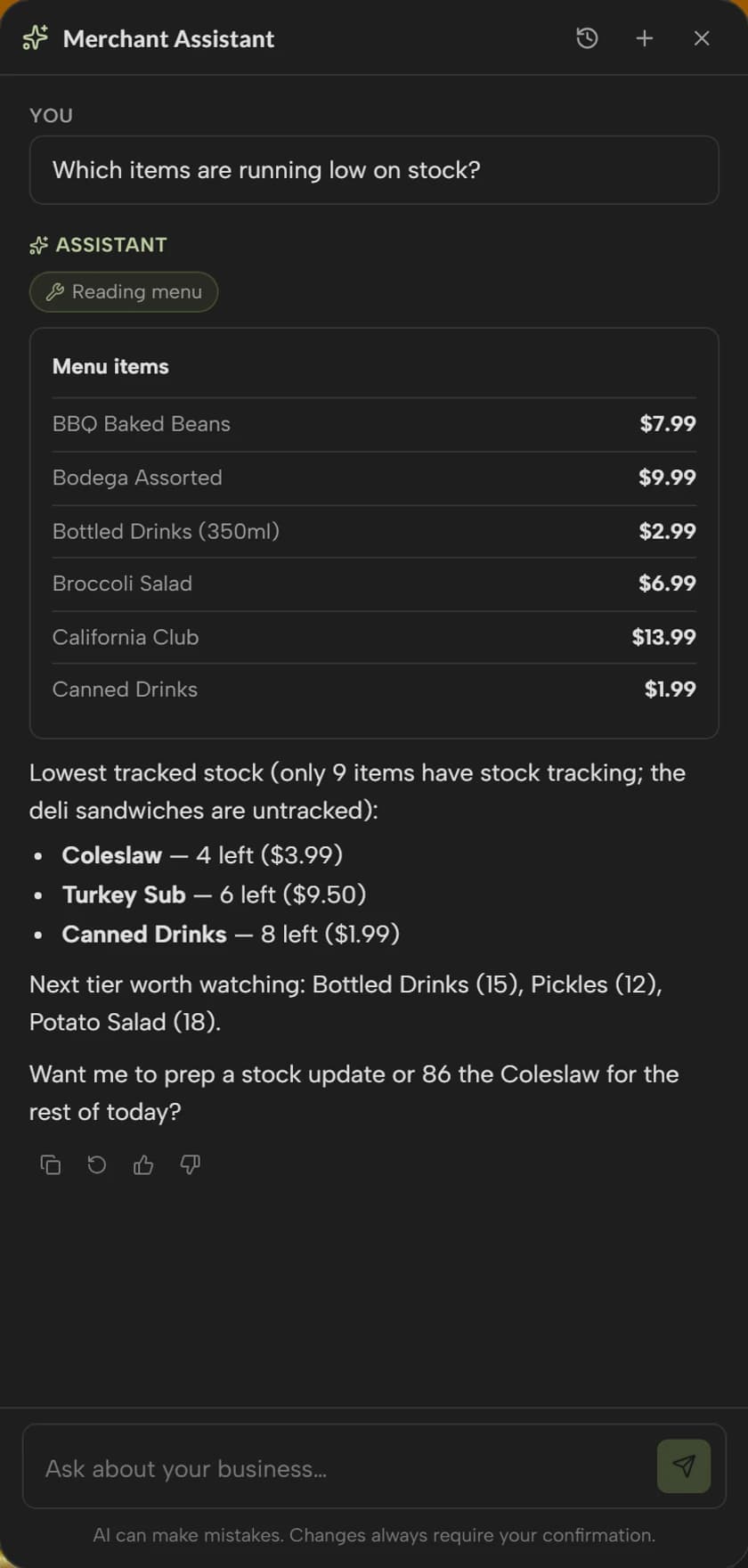 Merchant Assist listing the menu items that are running low on stock