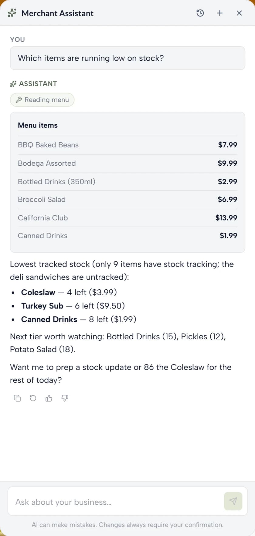 Merchant Assist listing the menu items that are running low on stock