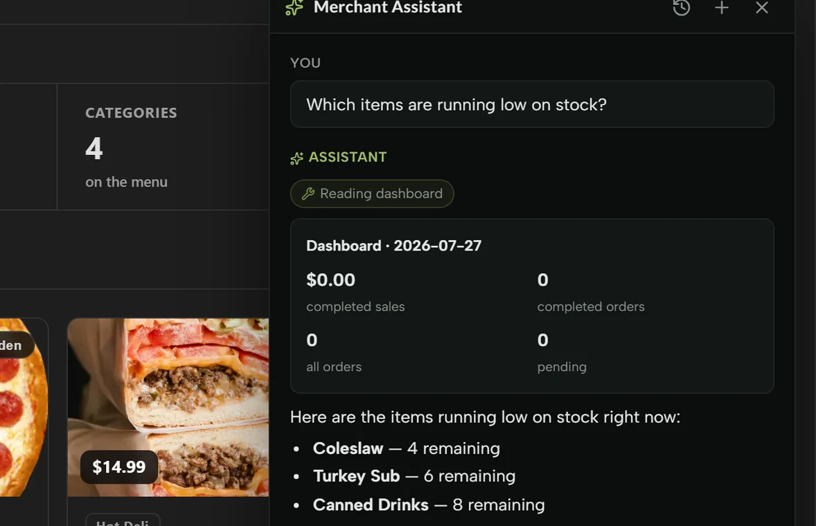 Merchant Assistant answering which items are running low on stock, with its dashboard lookup shown