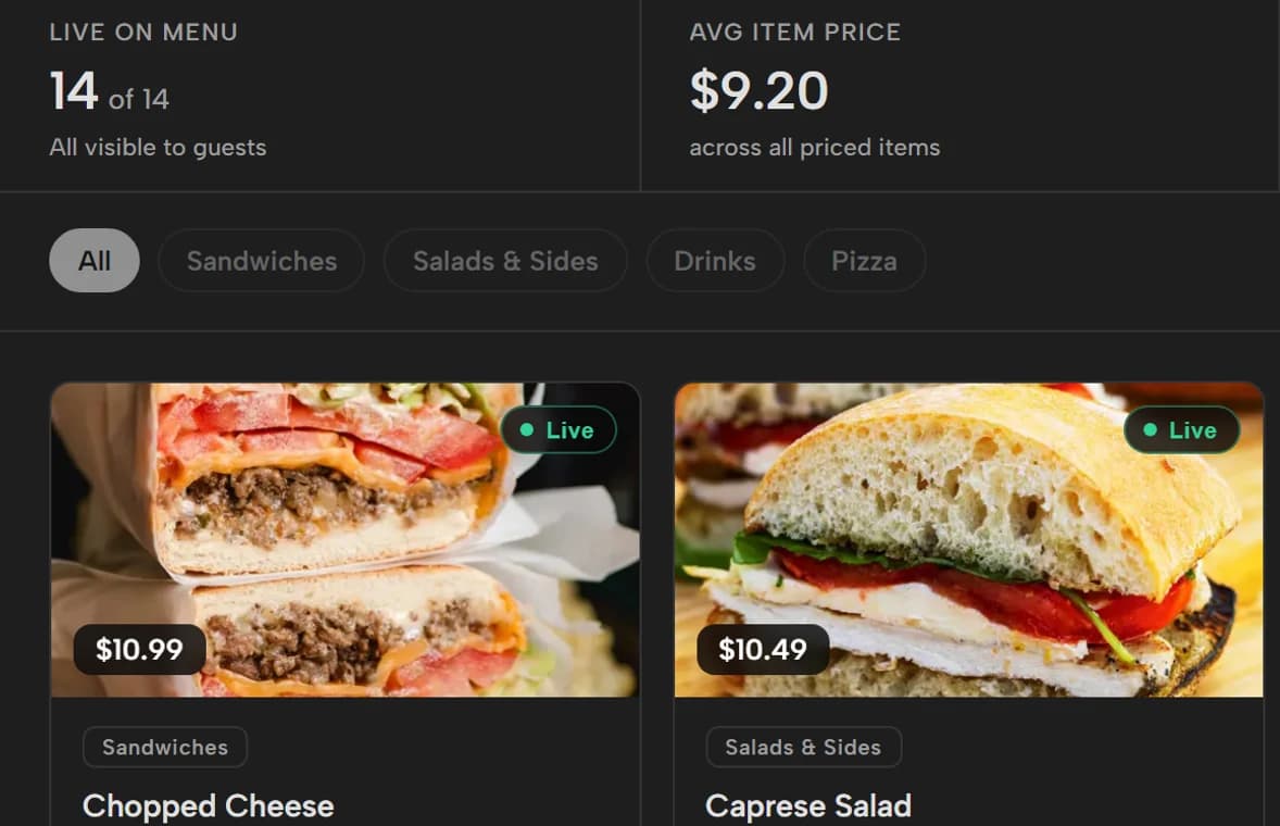 PayperPlates inventory showing category and low-stock counts beside two live menu items with prices