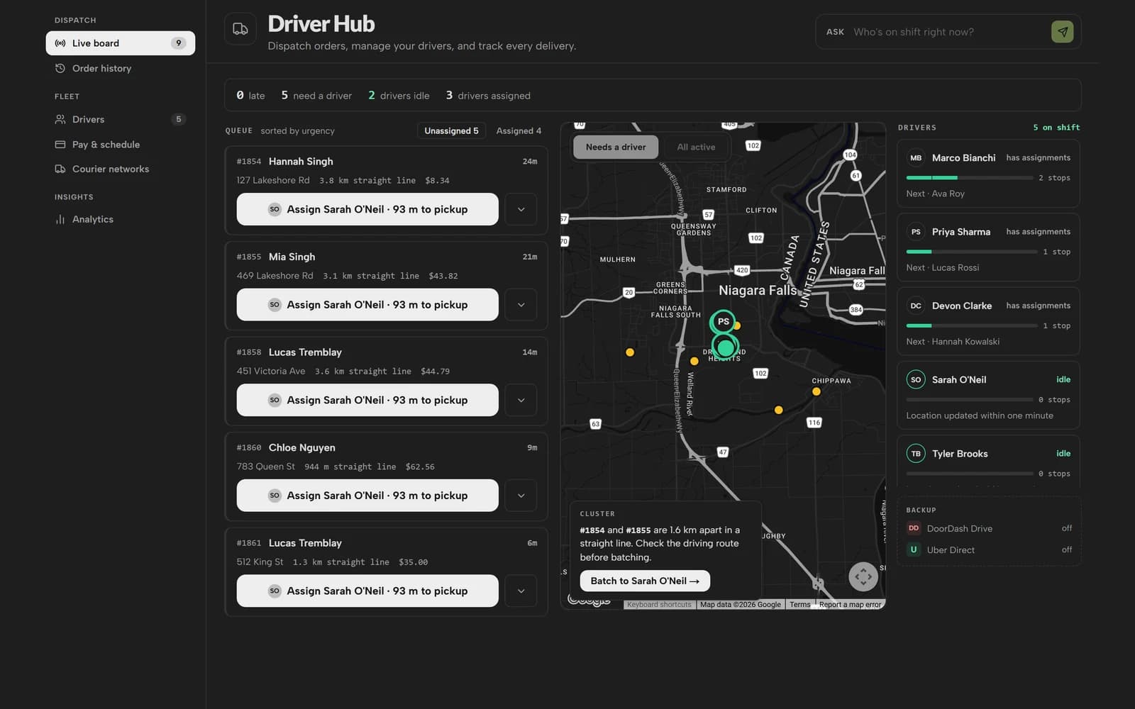 Driver Hub live dispatch — unassigned orders, a live route map and the driver roster