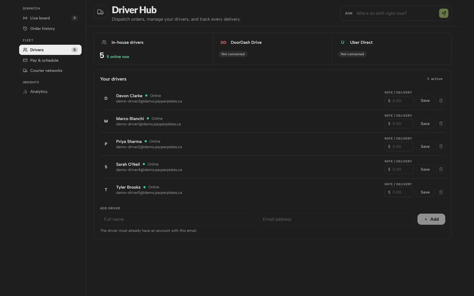 PayperPlates in-house restaurant driver fleet management screen
