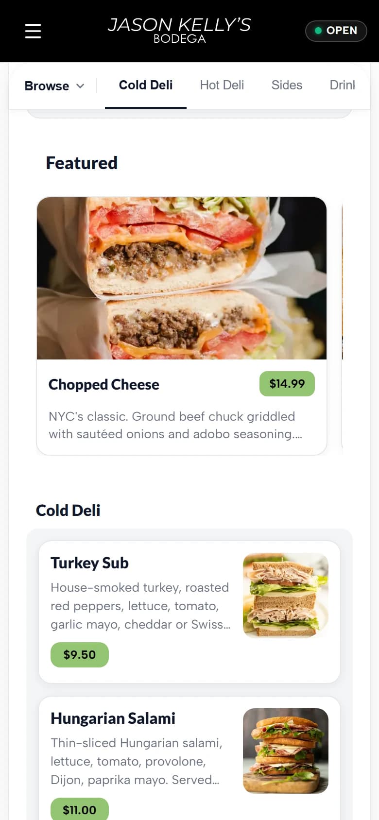 Storefront menu with categories, featured items, photos and prices