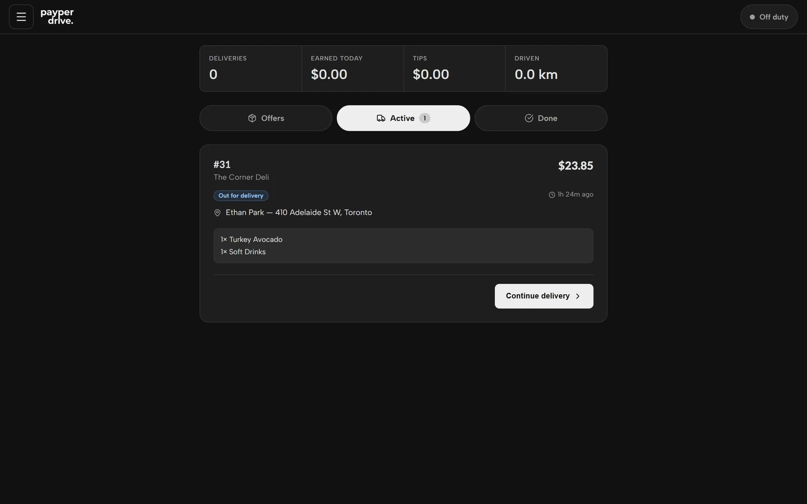 Driver app showing an active delivery and its delivery workflow