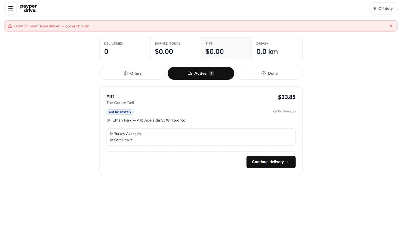 Driver app showing an active delivery and its delivery workflow
