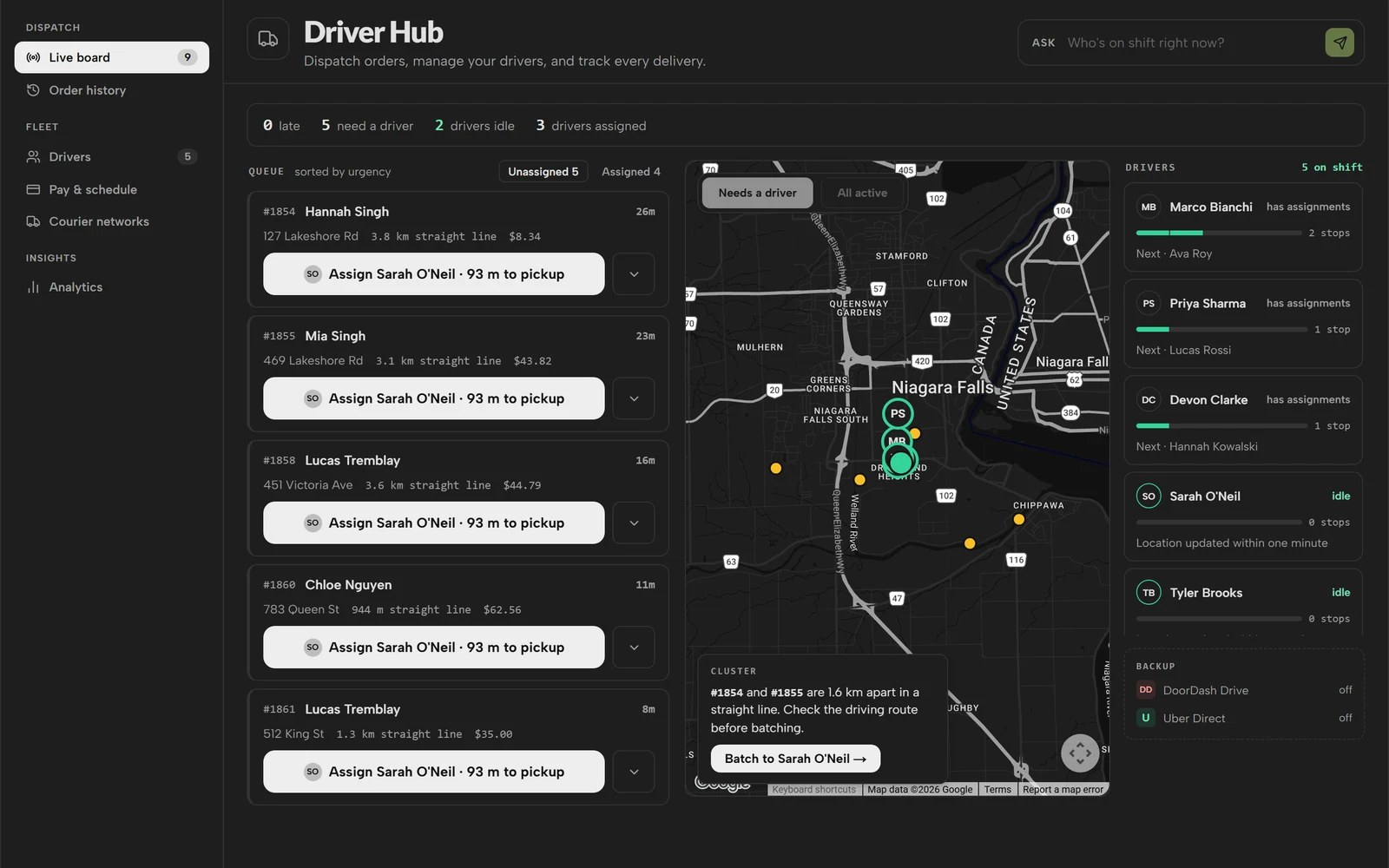 Driver Hub with dispatch queue, live map and driver availability