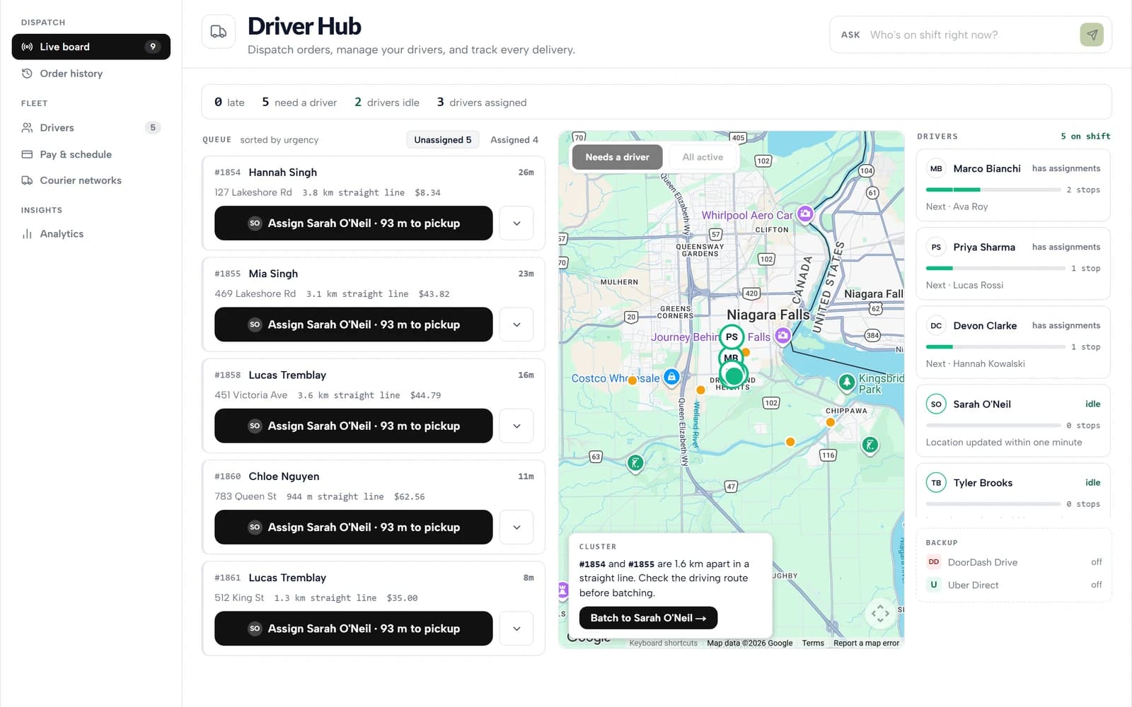 Driver Hub with dispatch queue, live map and driver availability