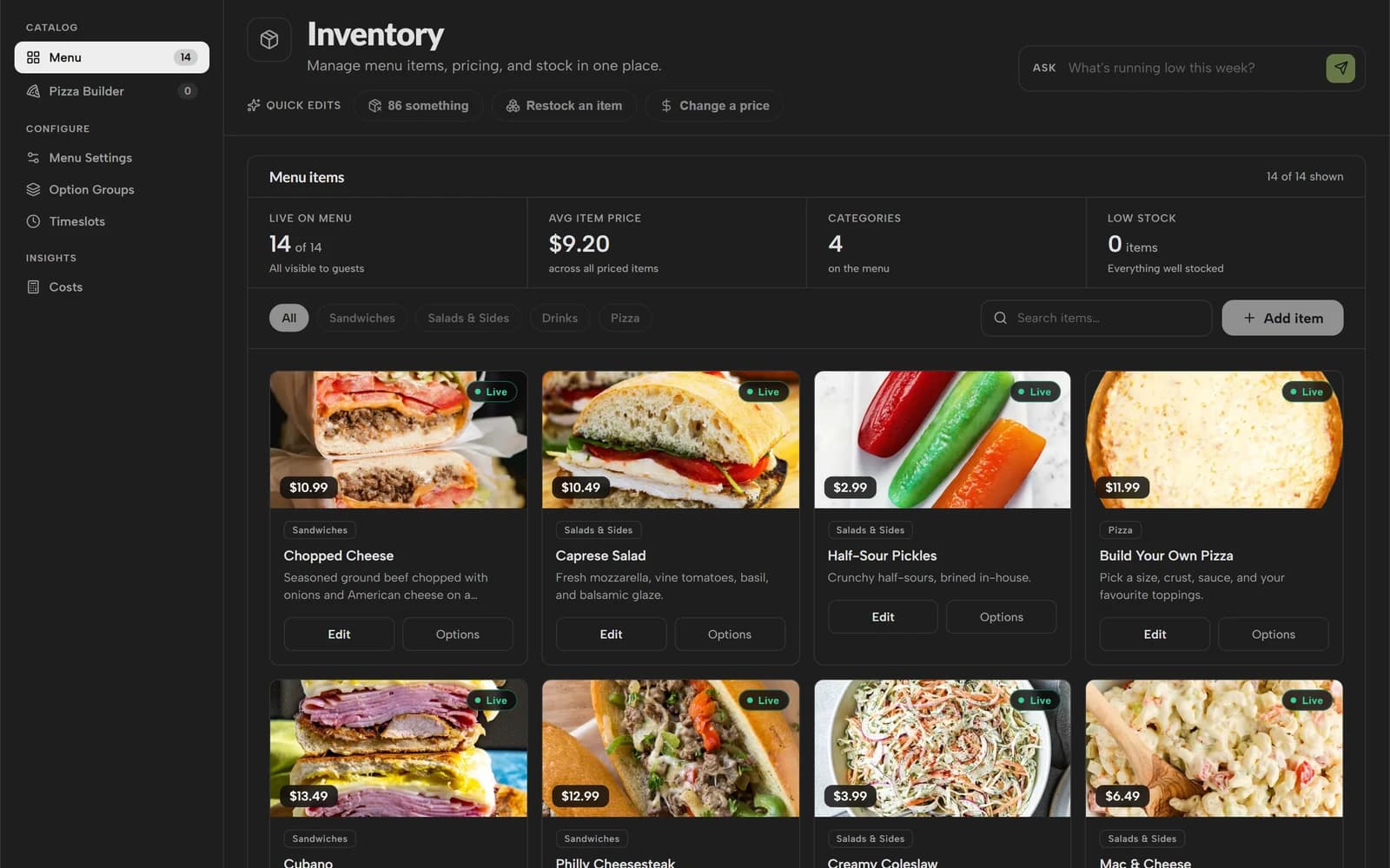 Restaurant inventory with menu products, prices and availability