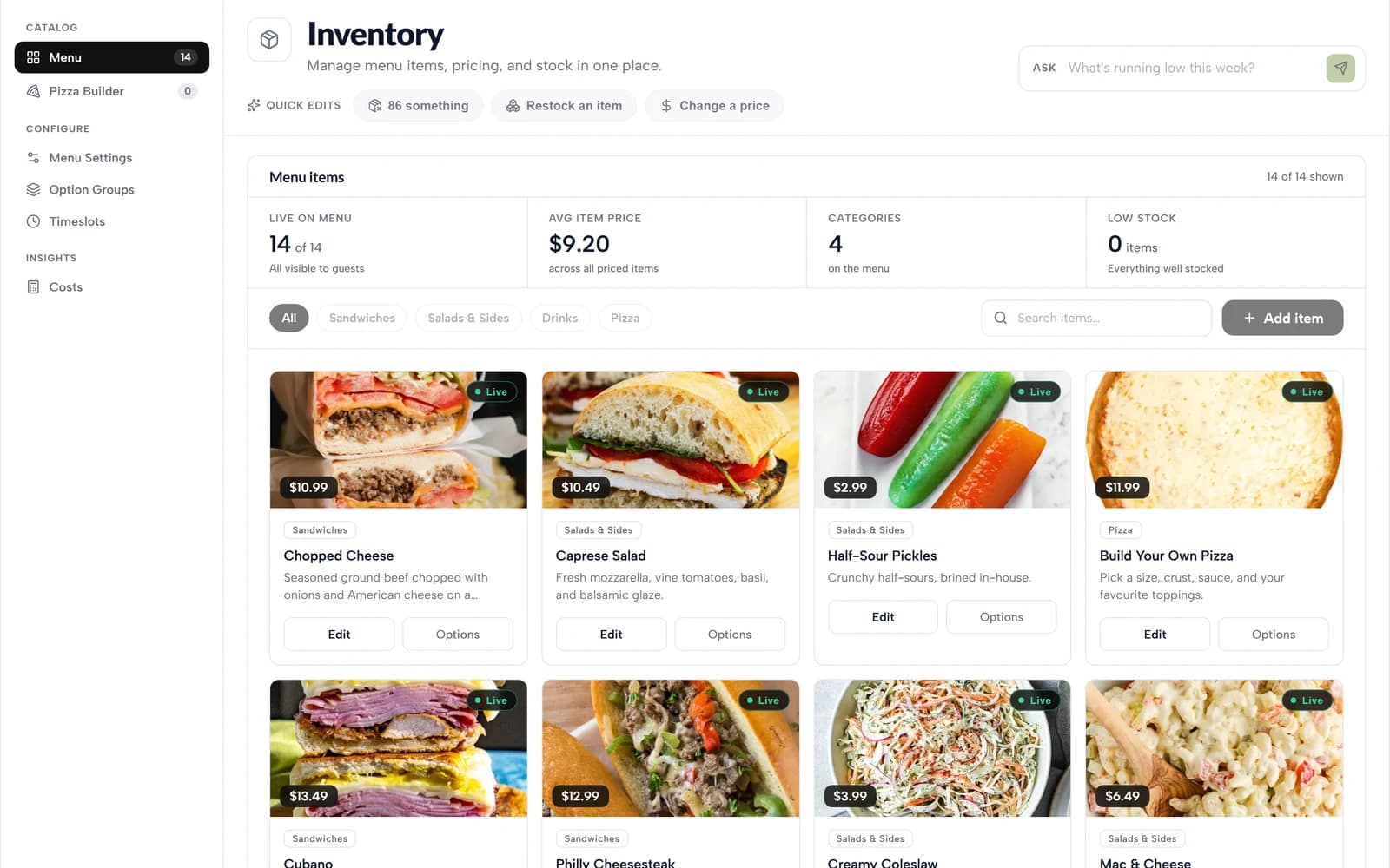 Restaurant inventory with menu products, prices and availability