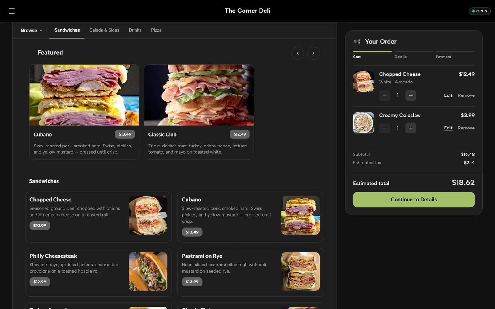 The Corner Deli branded menu with product photos and ordering