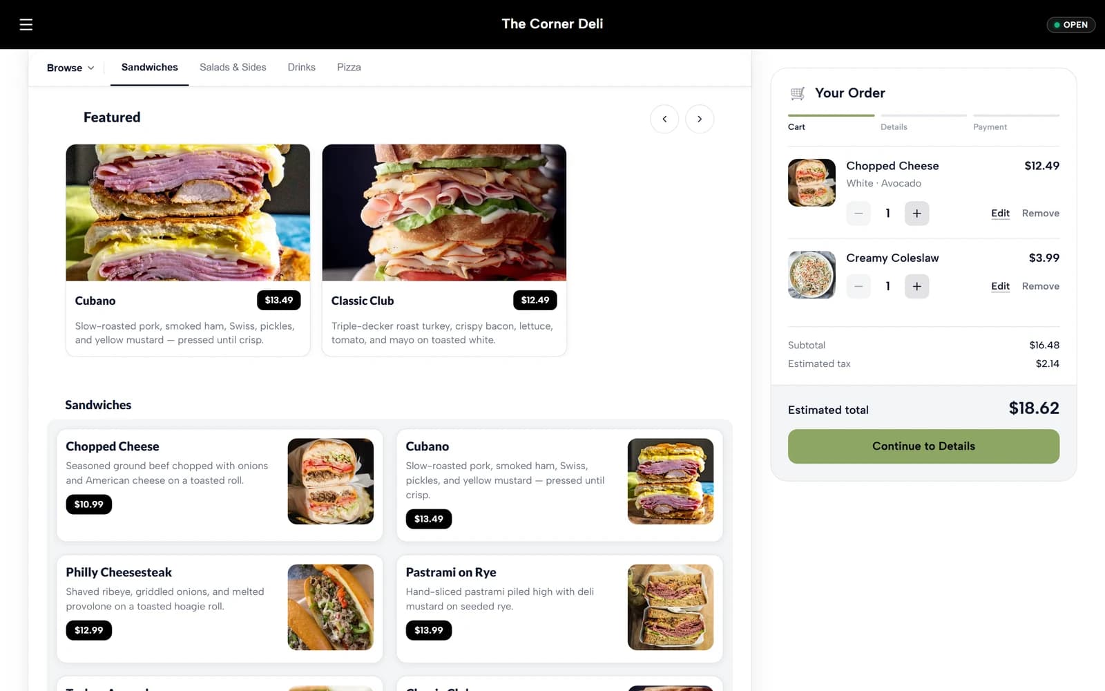 The Corner Deli branded menu with product photos and ordering