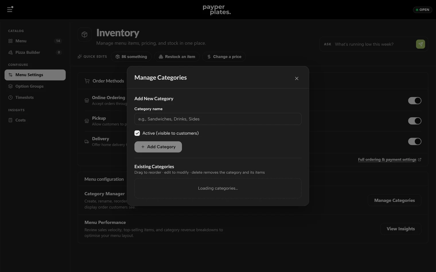 Menu settings with the category manager for adding and reordering categories