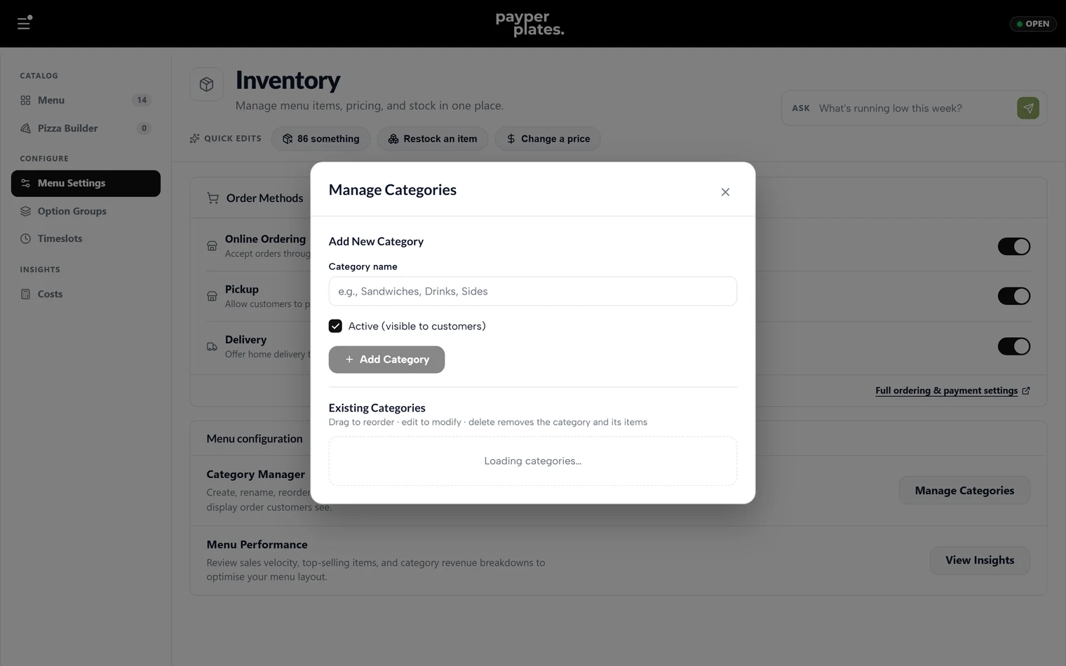 Menu settings with the category manager for adding and reordering categories