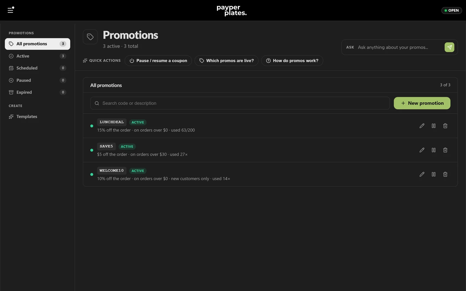 The coupons list showing active codes, their rules, and redemption counts