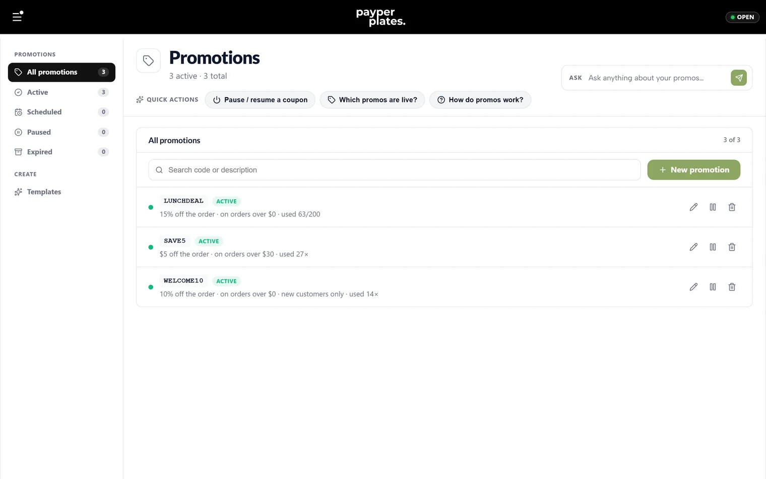 The coupons list showing active codes, their rules, and redemption counts