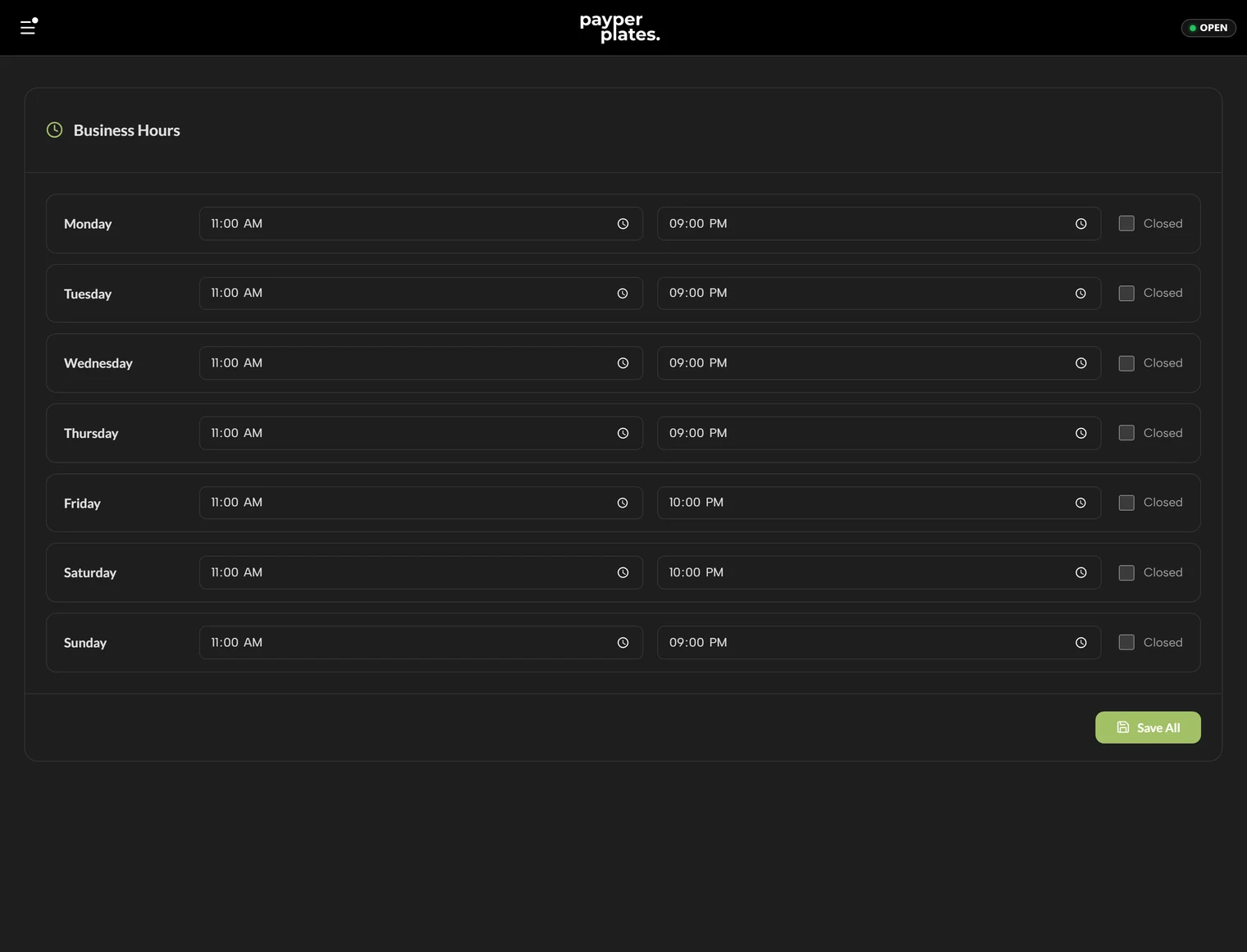 The hours editor with per-day open and close times