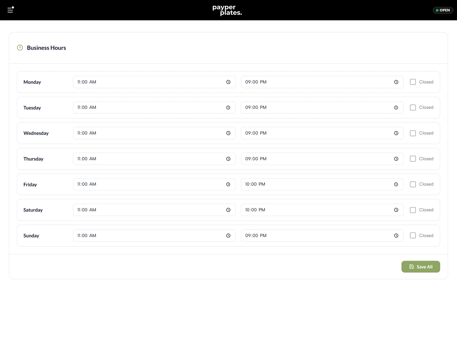 The hours editor with per-day open and close times