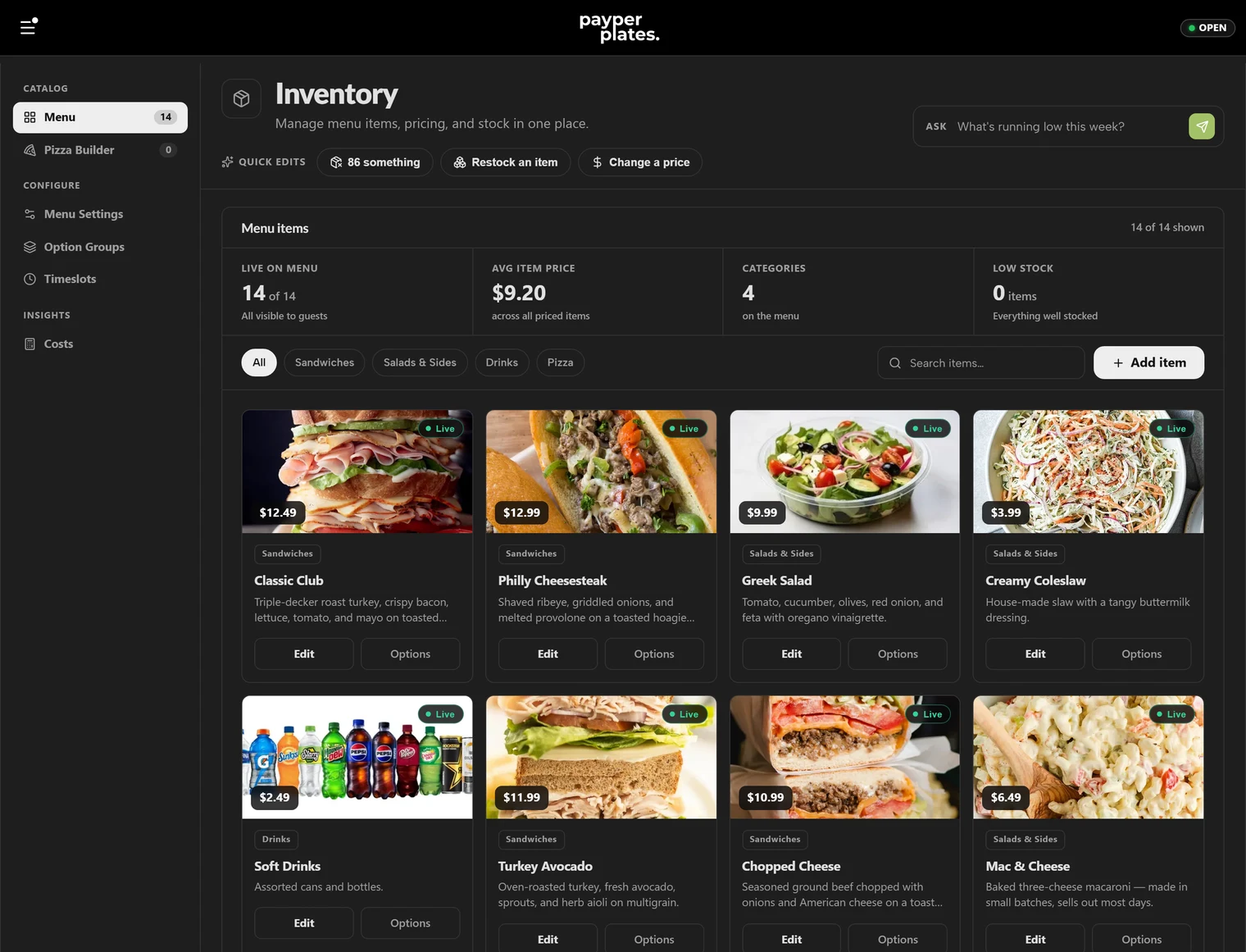 The menu manager listing items with photos, prices, and live toggles
