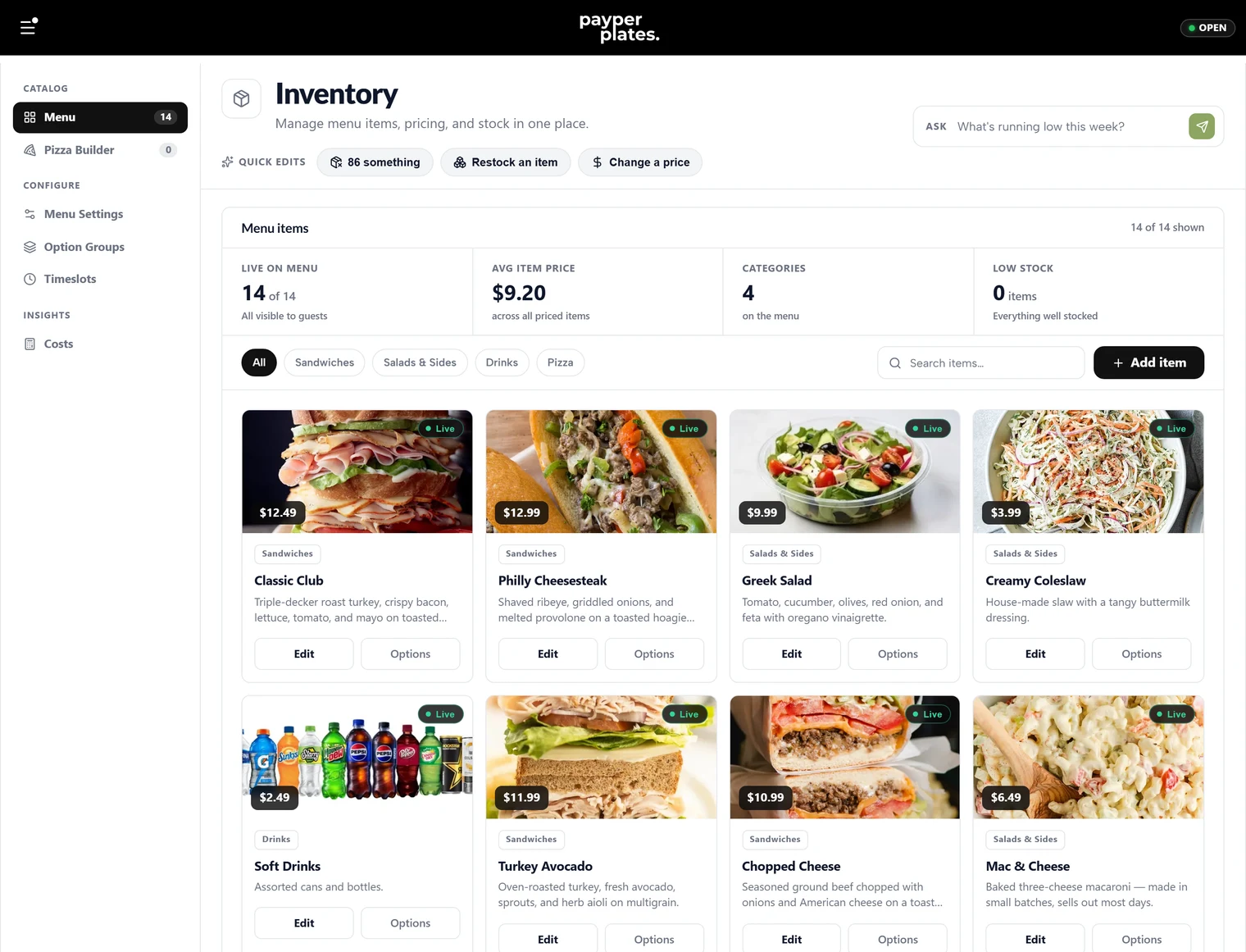 The menu manager listing items with photos, prices, and live toggles