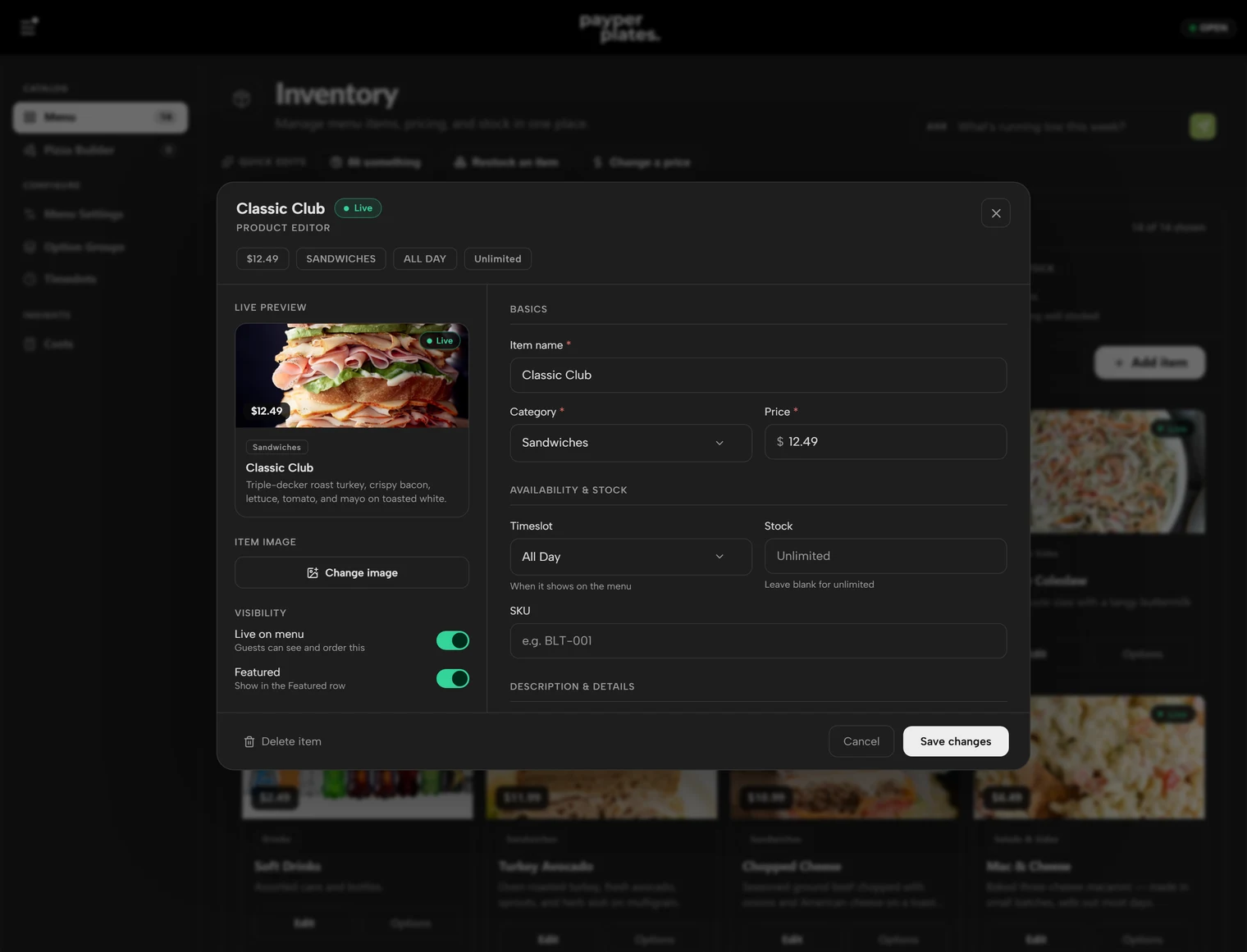 The item editor: name, description, photo, price, and category