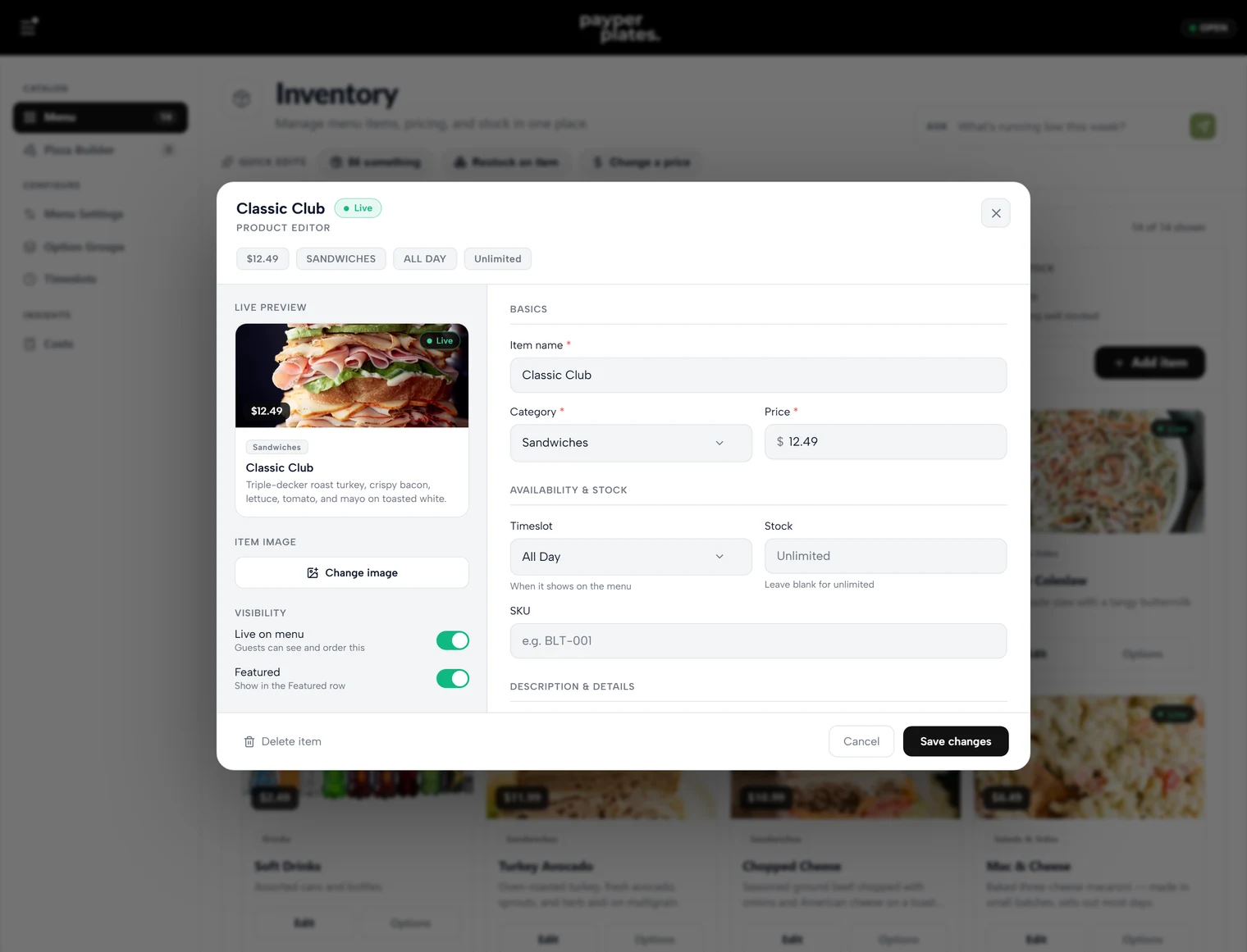 The item editor: name, description, photo, price, and category