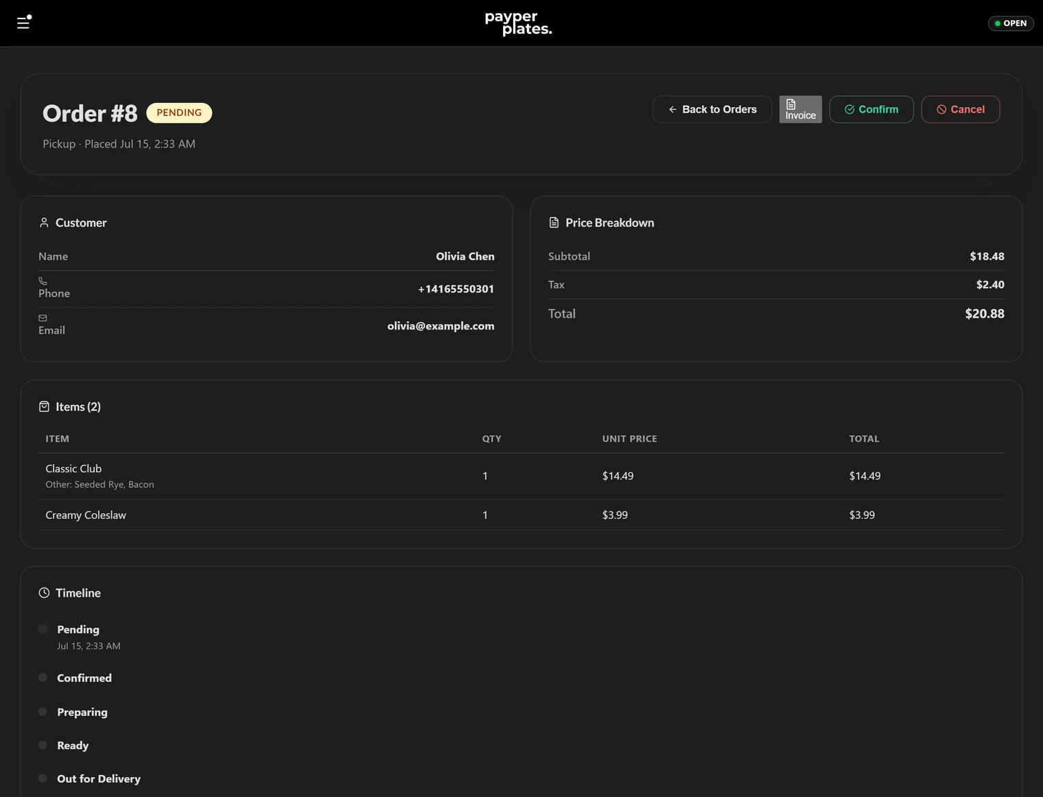 An order’s detail view: items, totals, customer contact, and status controls