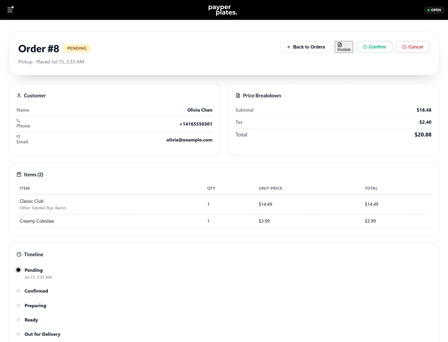 An order’s detail view: items, totals, customer contact, and status controls