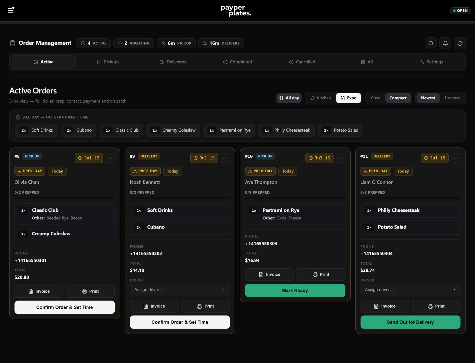 The live orders board with orders in the Pending, In Progress, and Ready lanes