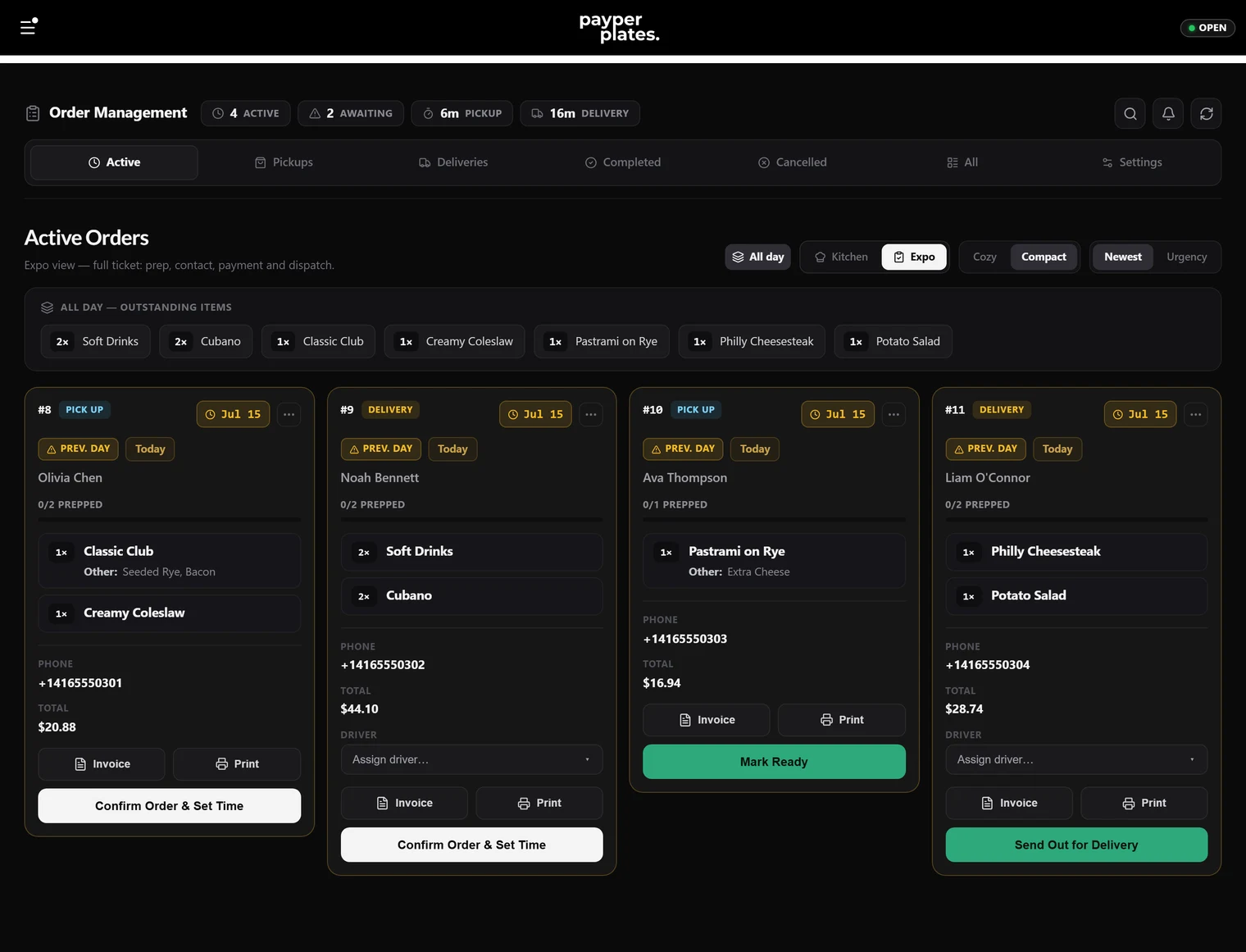 The live orders board with orders in the Pending, In Progress, and Ready lanes