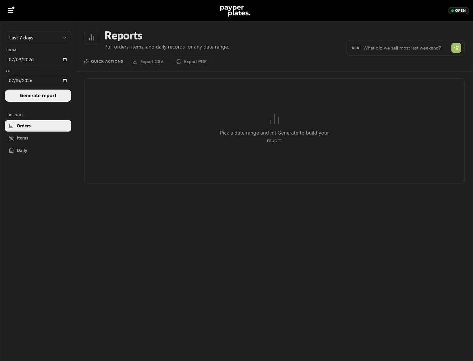Reports with revenue, order counts, and top items for the selected period