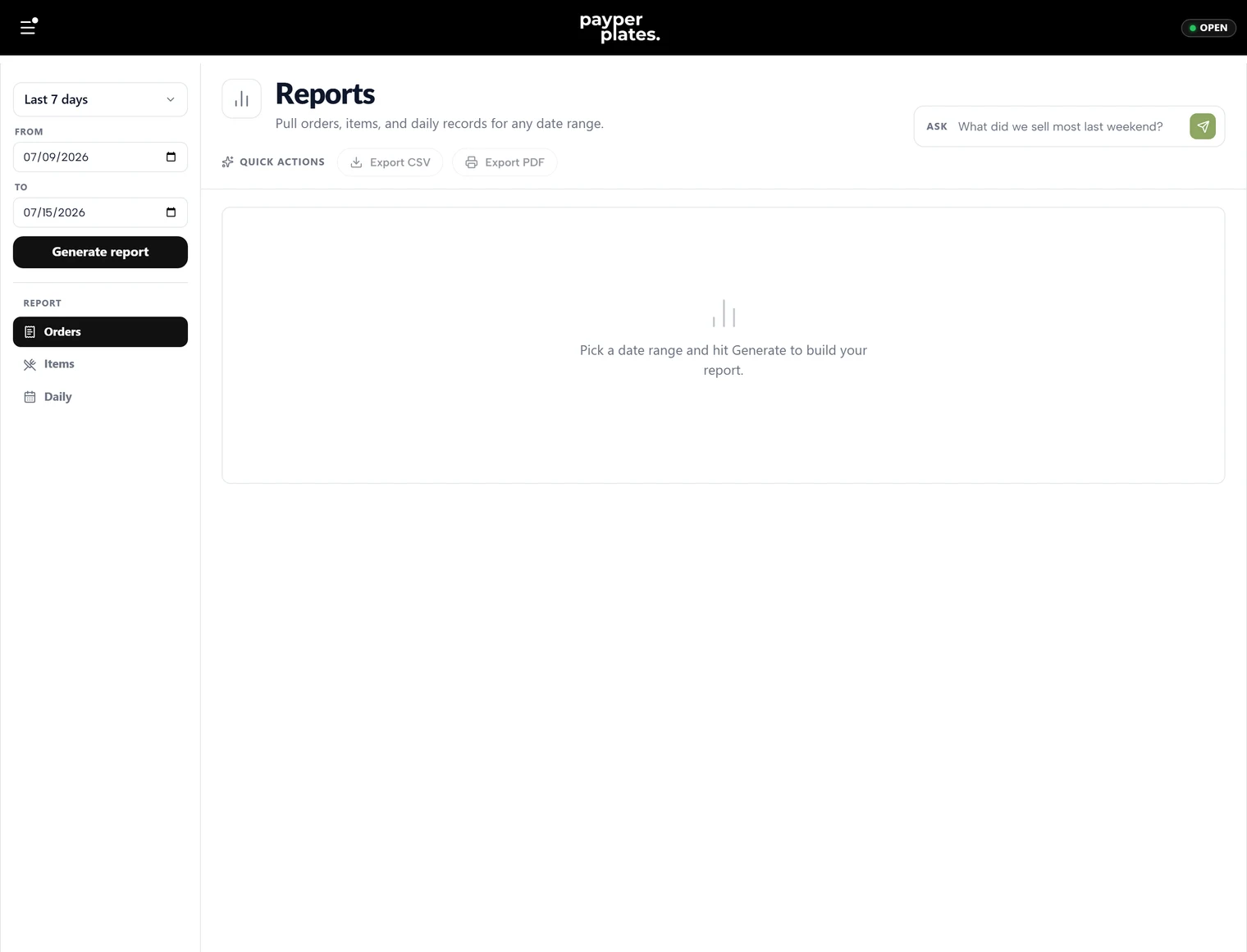 Reports with revenue, order counts, and top items for the selected period