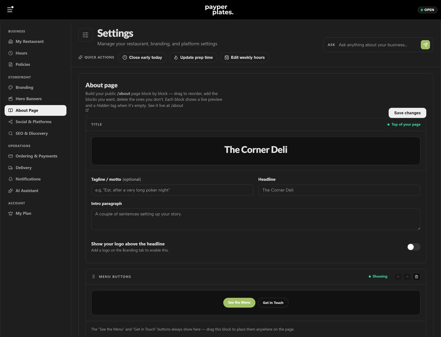 The About page editor with content blocks