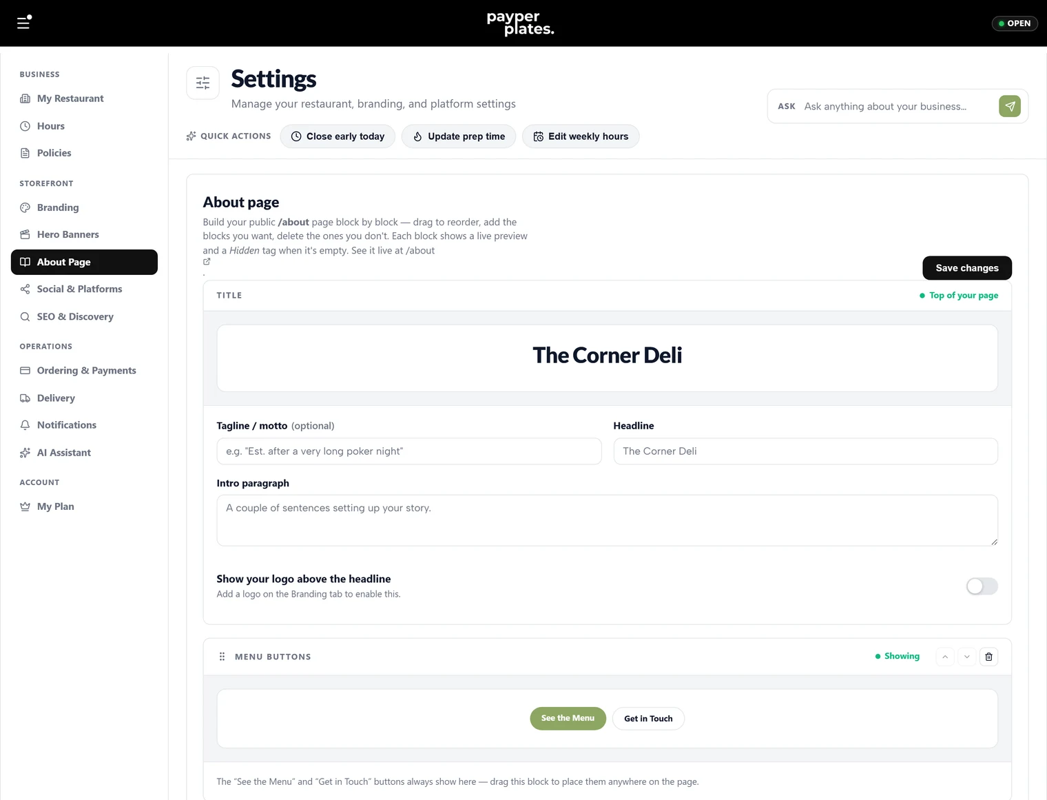 The About page editor with content blocks