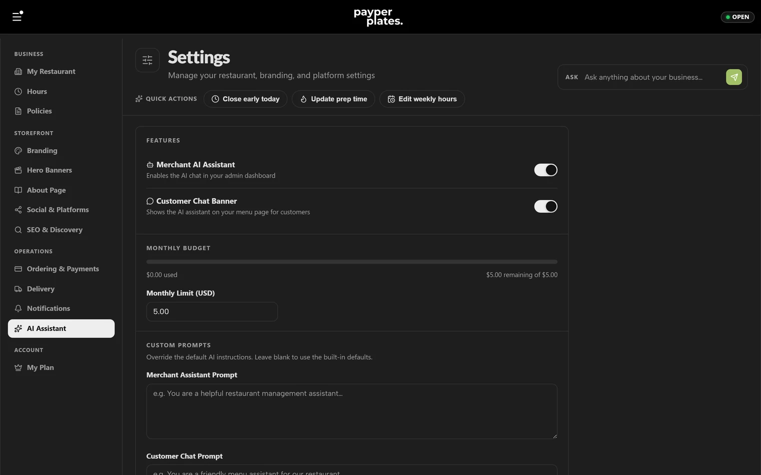 AI assistant settings for the storefront