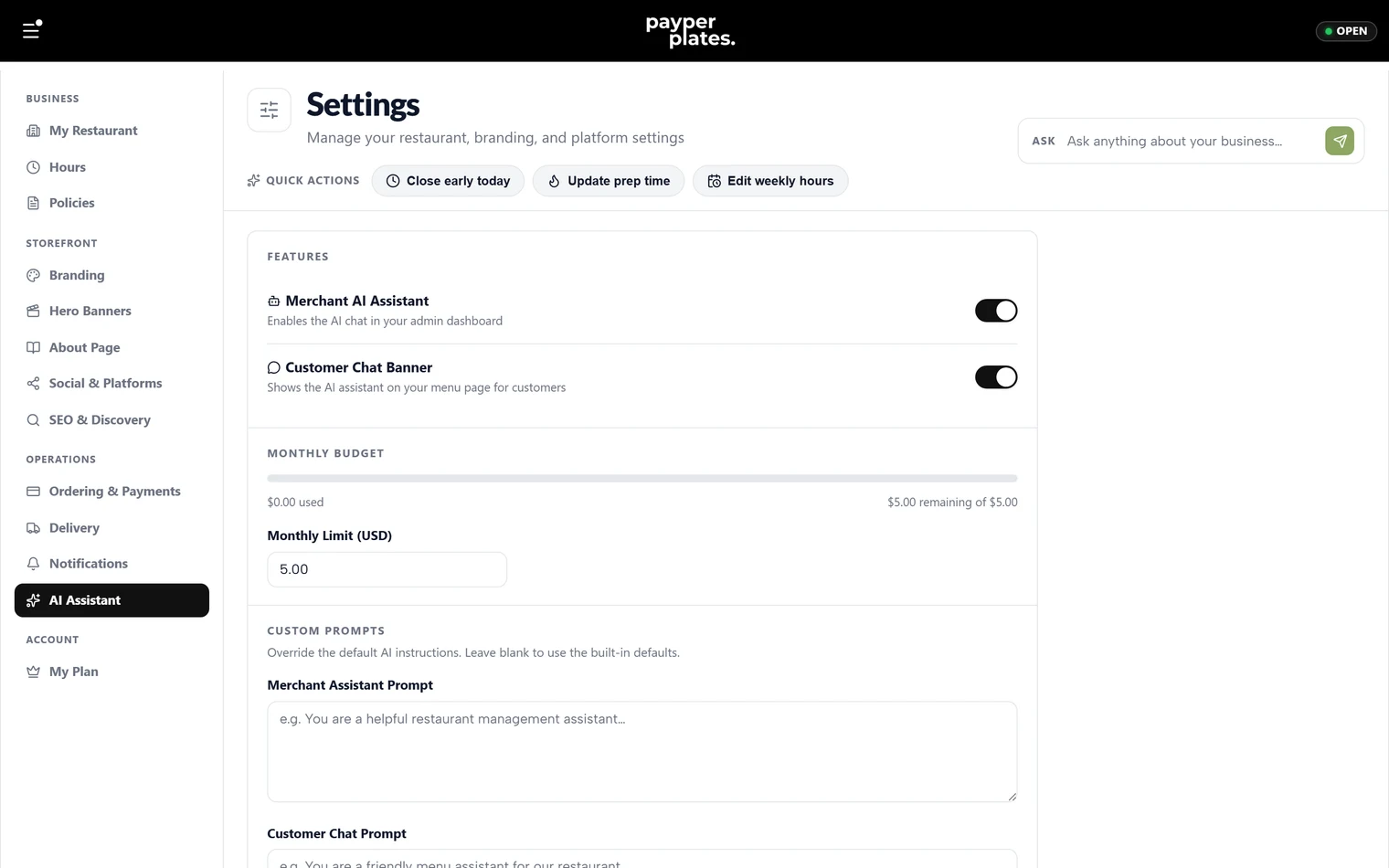 AI assistant settings for the storefront