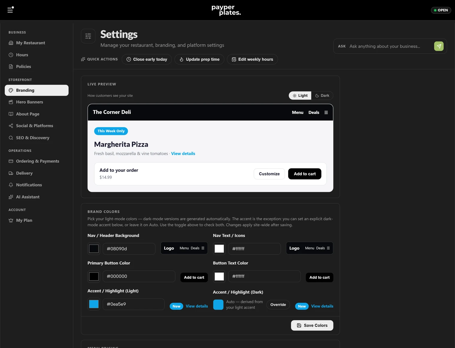 Branding settings: logo upload and storefront appearance