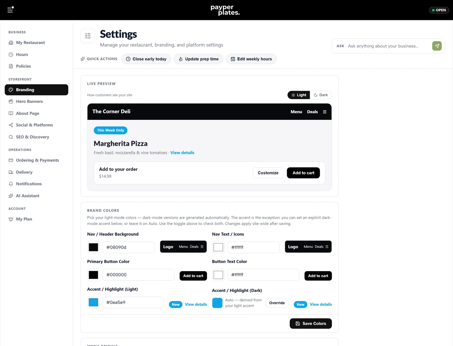 Branding settings: logo upload and storefront appearance