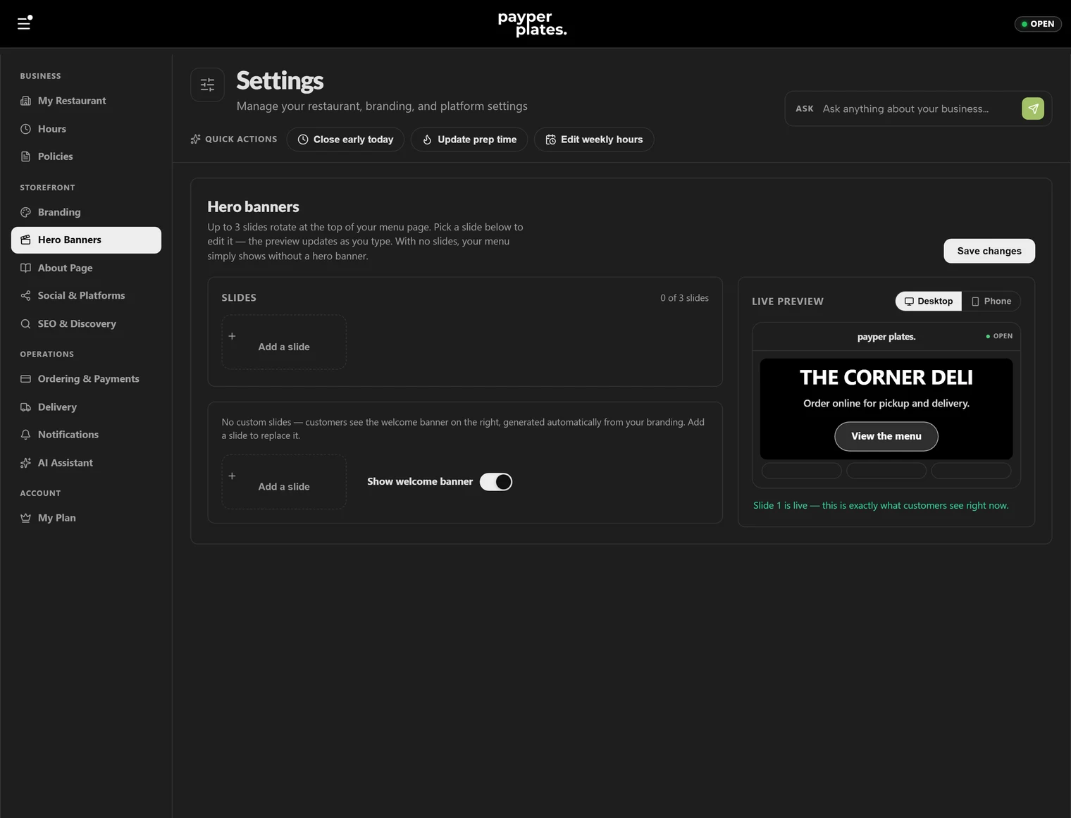 The hero banner editor for the storefront’s welcome section