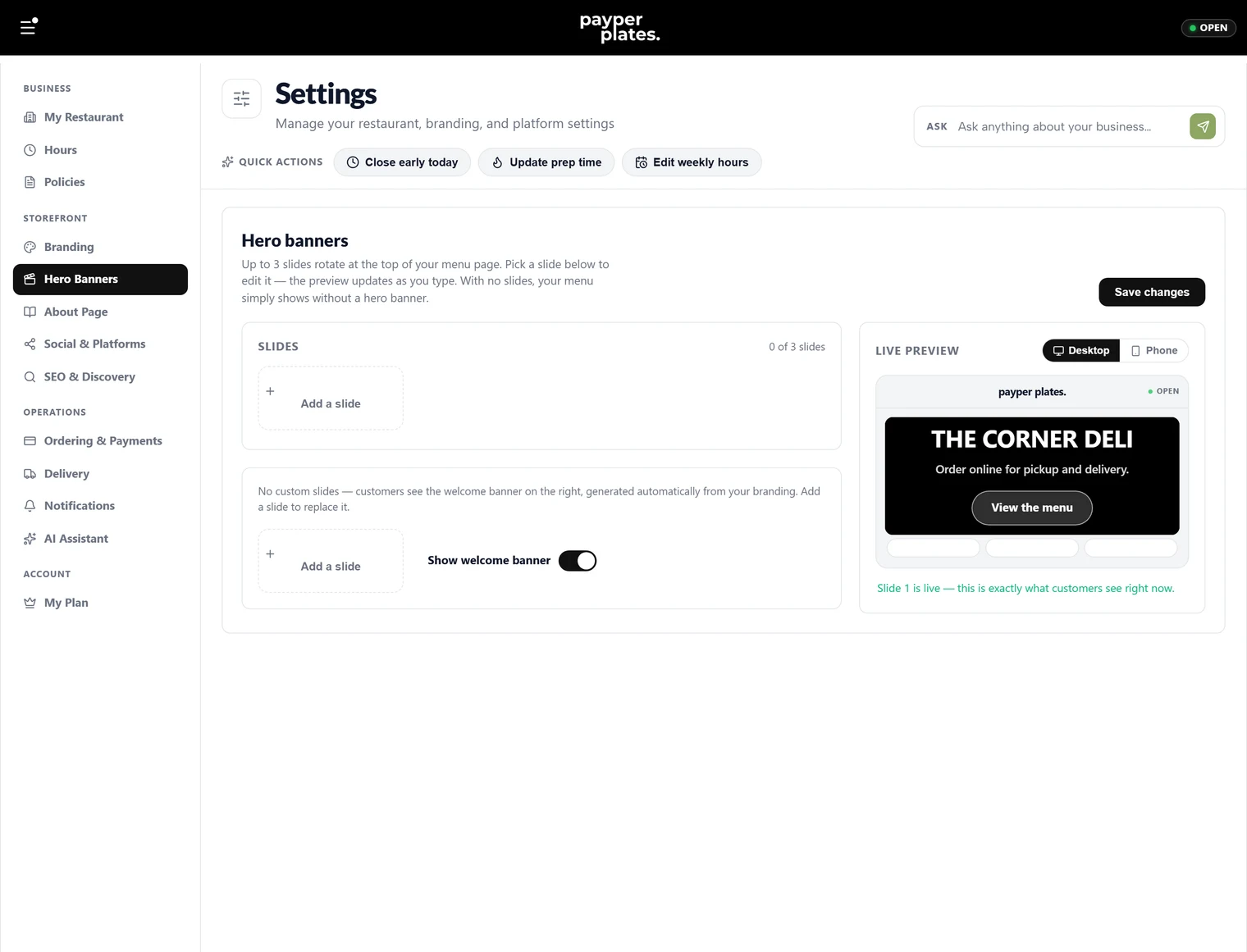 The hero banner editor for the storefront’s welcome section