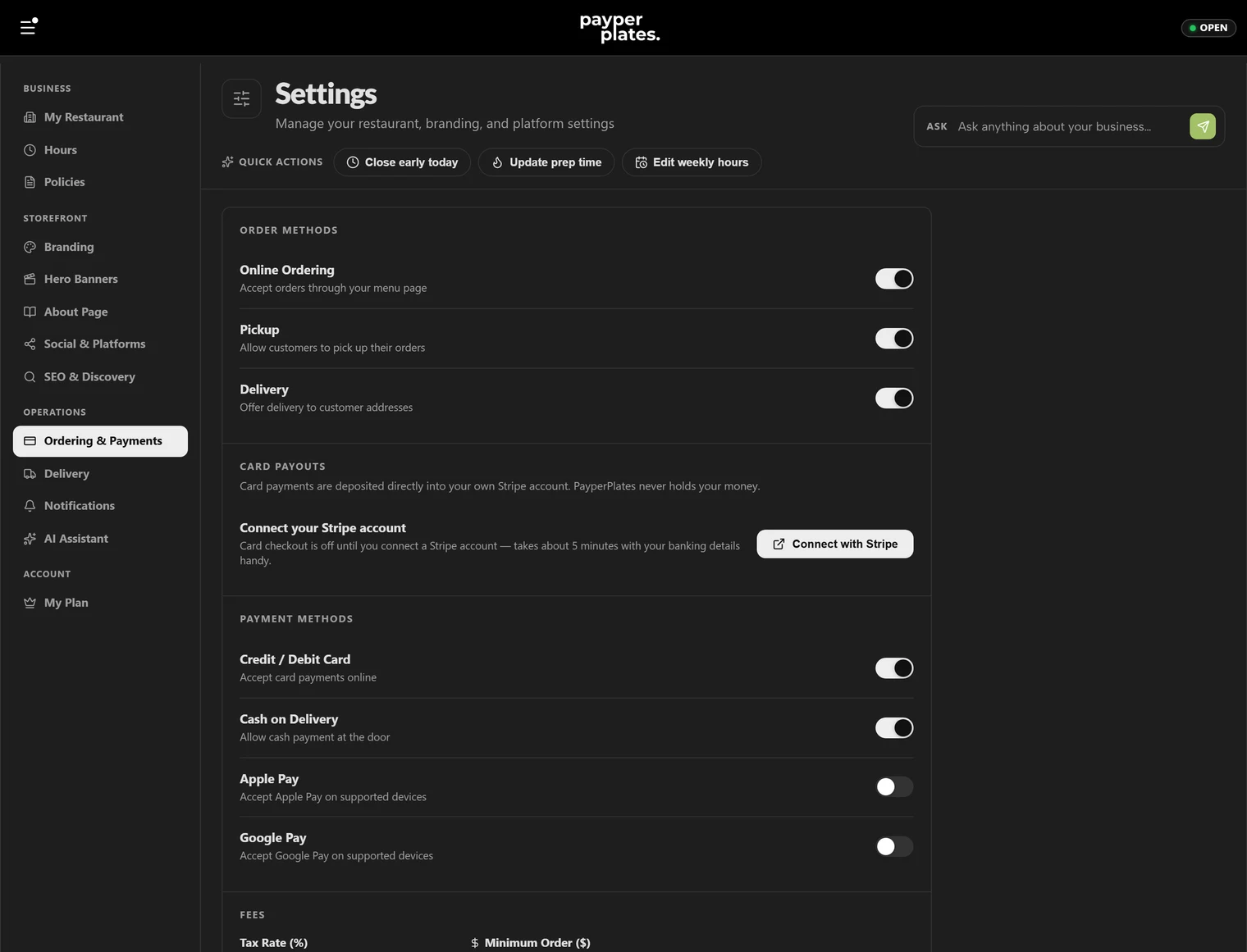 Ordering & payments settings: pickup, delivery, and payment methods