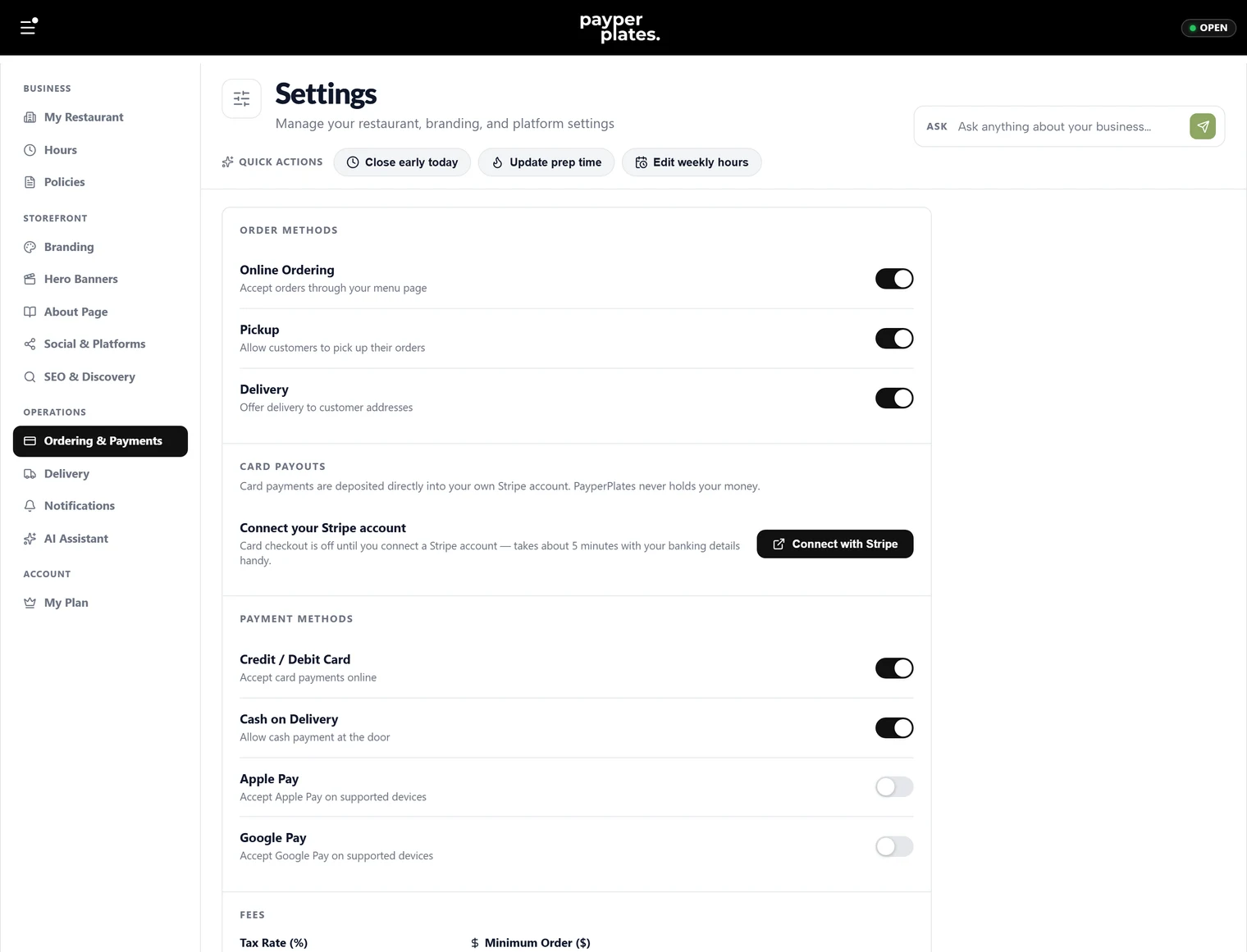 Ordering & payments settings: pickup, delivery, and payment methods
