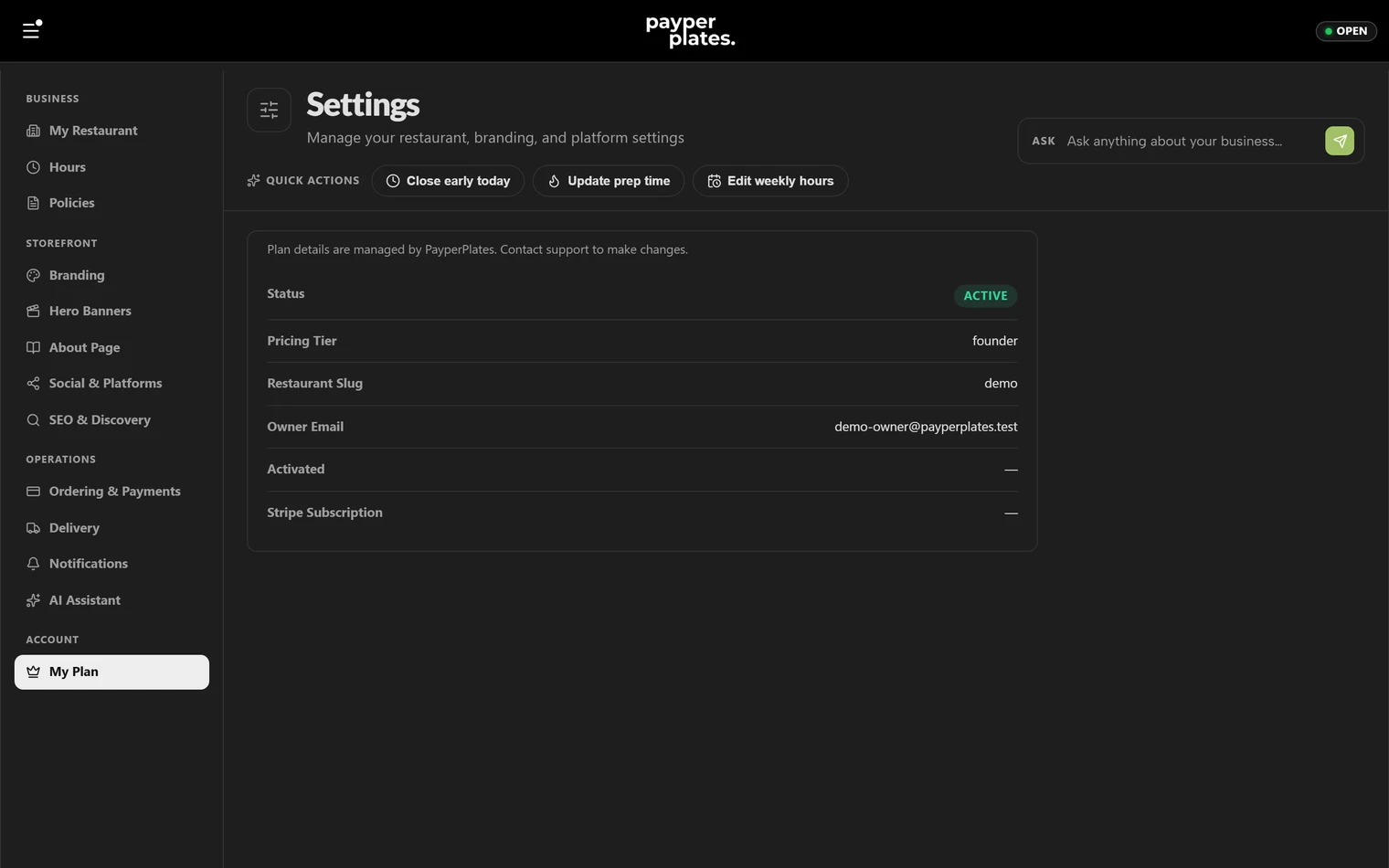 The My Plan page with the current subscription