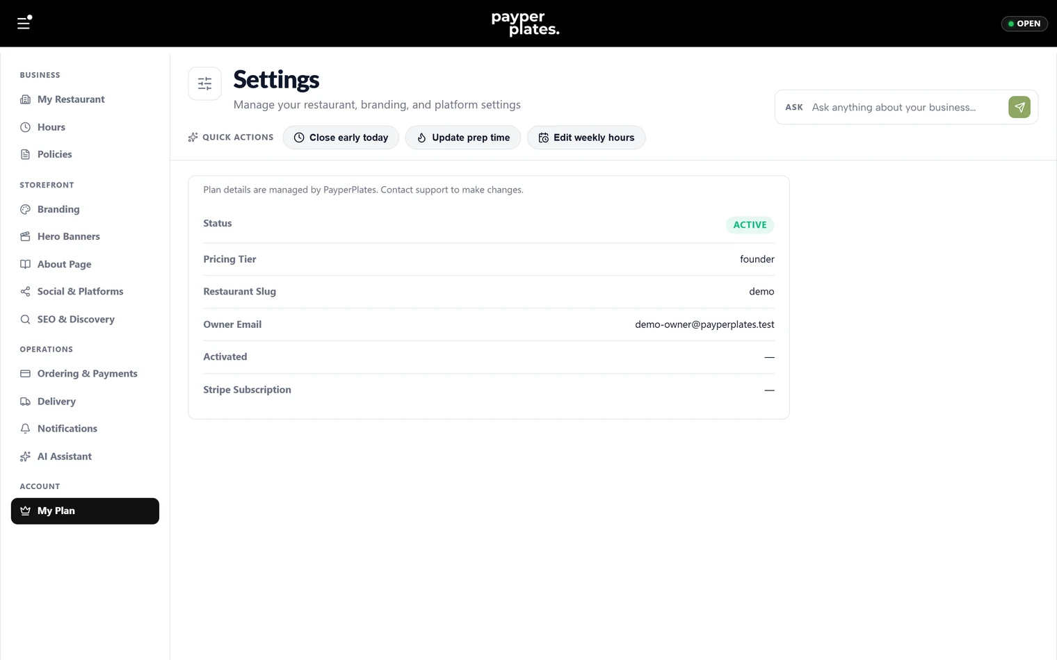 The My Plan page with the current subscription
