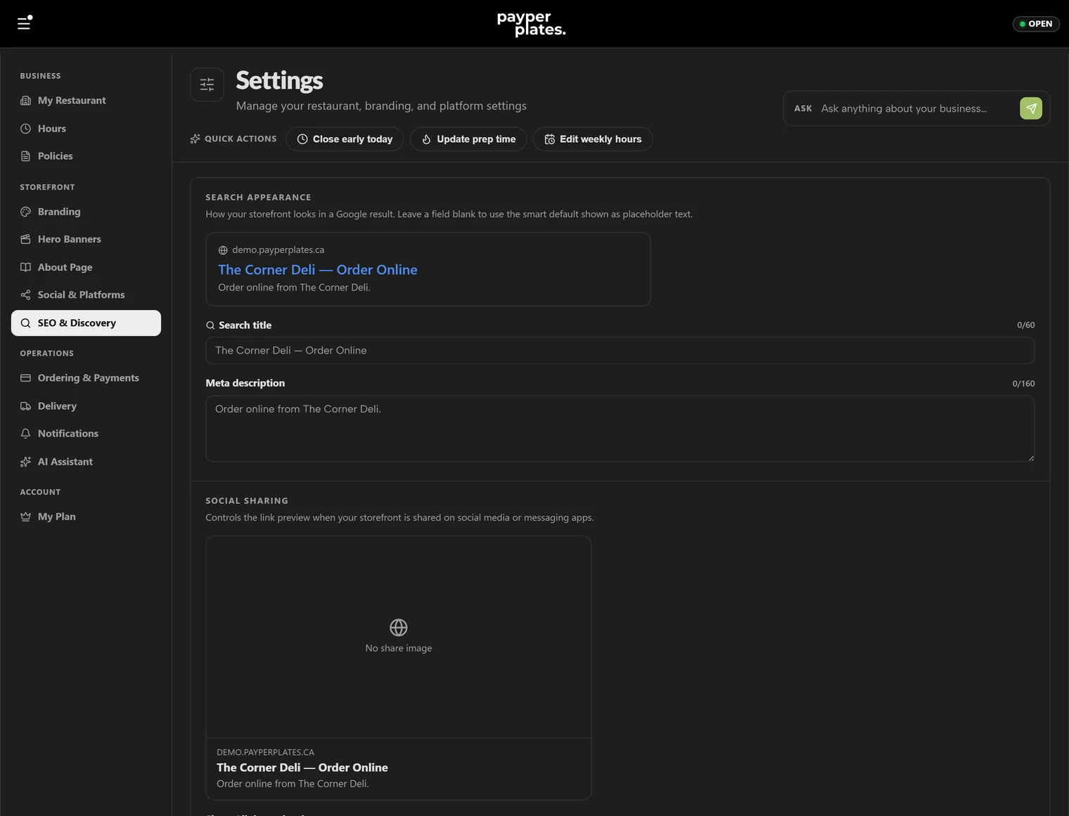 SEO & discovery settings: page title, description, and search preview
