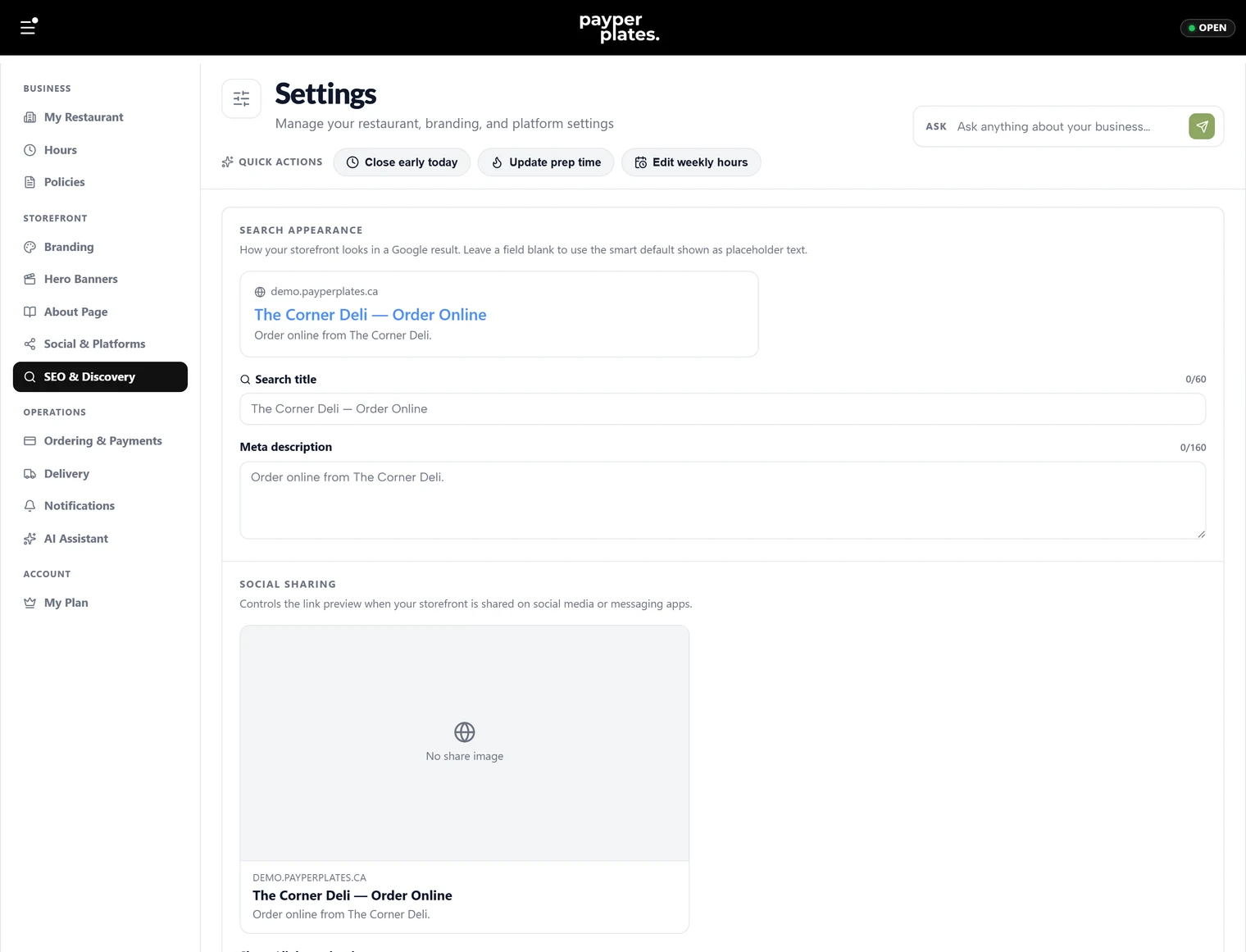 SEO & discovery settings: page title, description, and search preview
