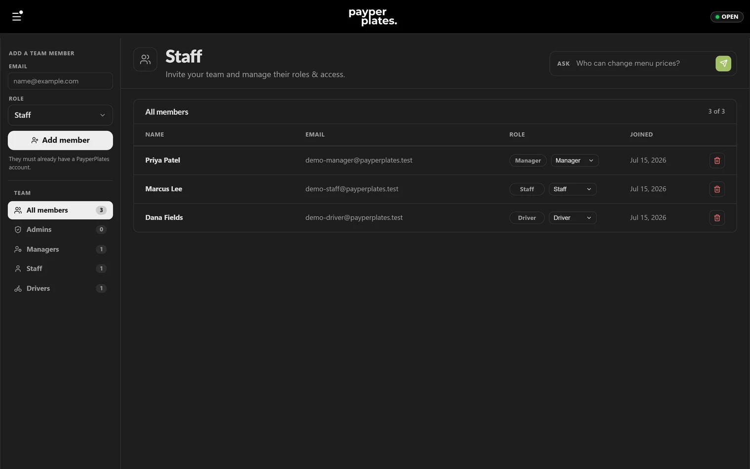The team page listing members with their roles