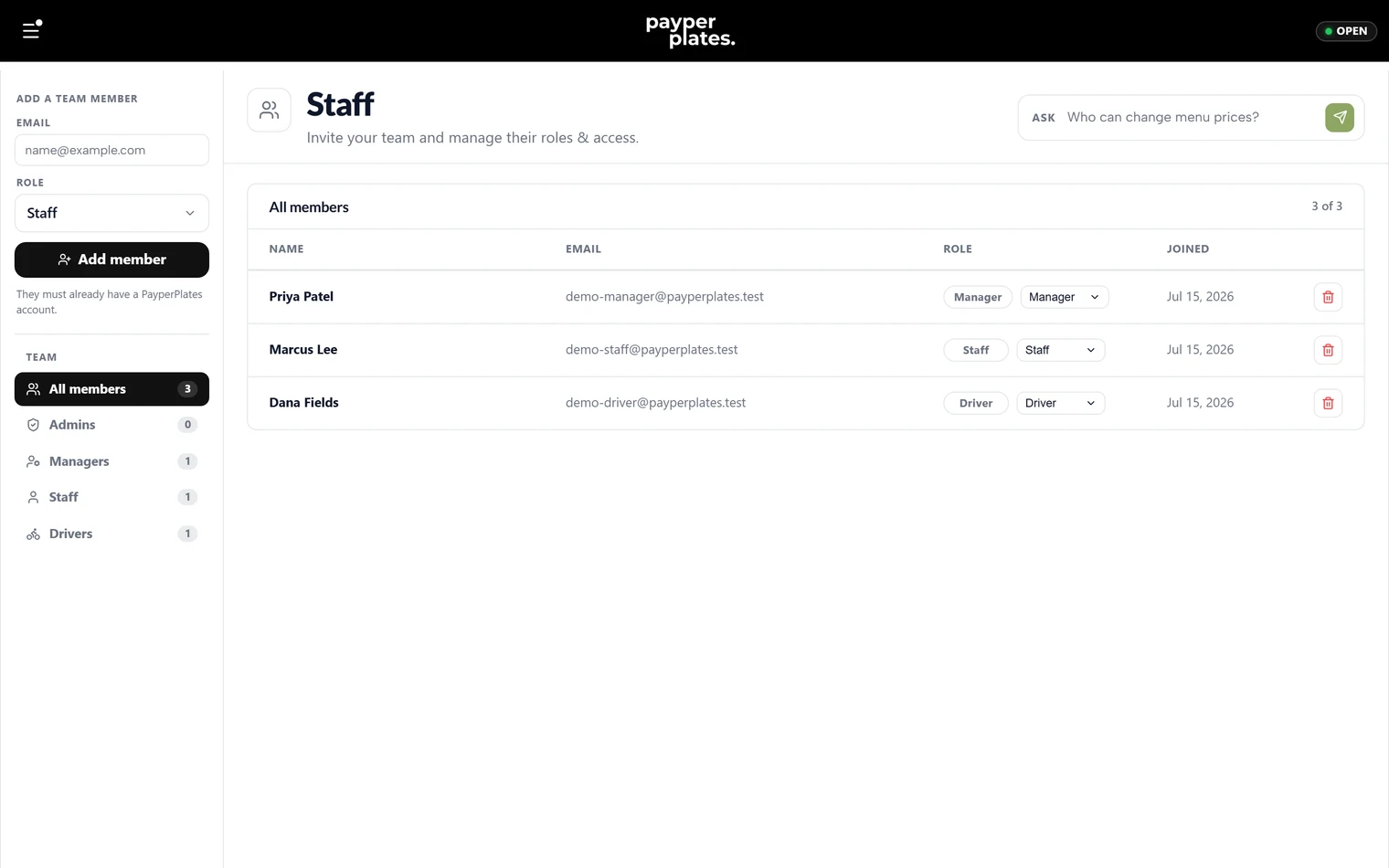 The team page listing members with their roles