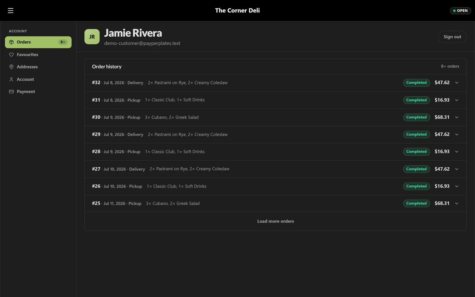 A customer’s order history with order numbers, totals, and statuses