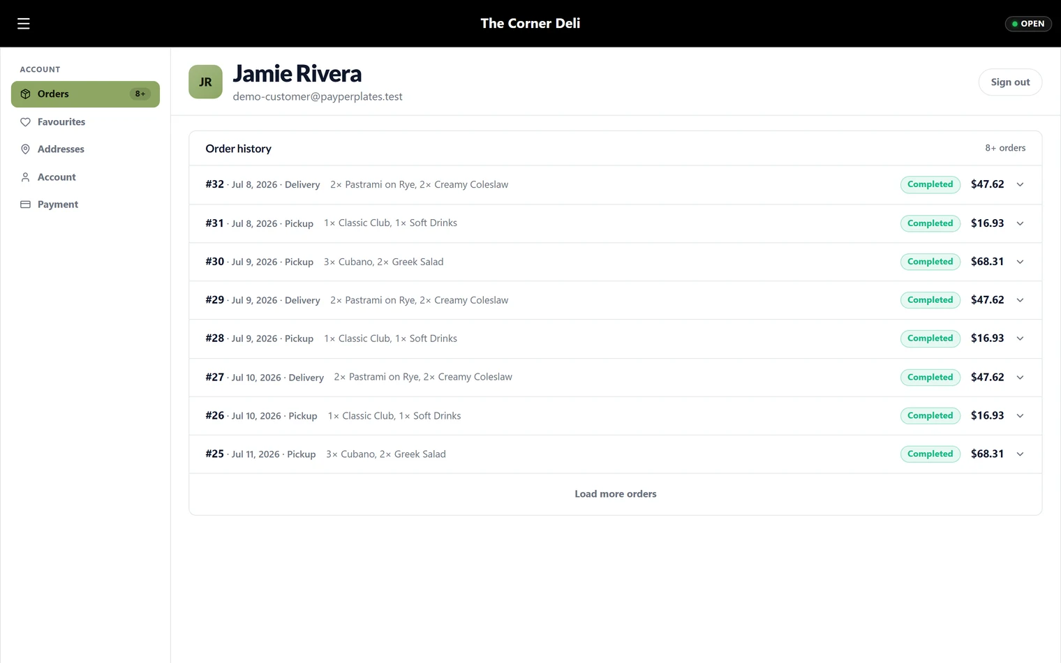 A customer’s order history with order numbers, totals, and statuses