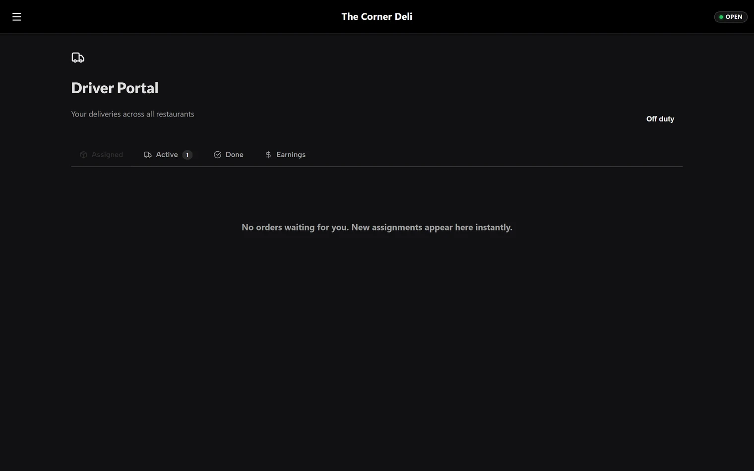 The driver portal with an active delivery and its status buttons